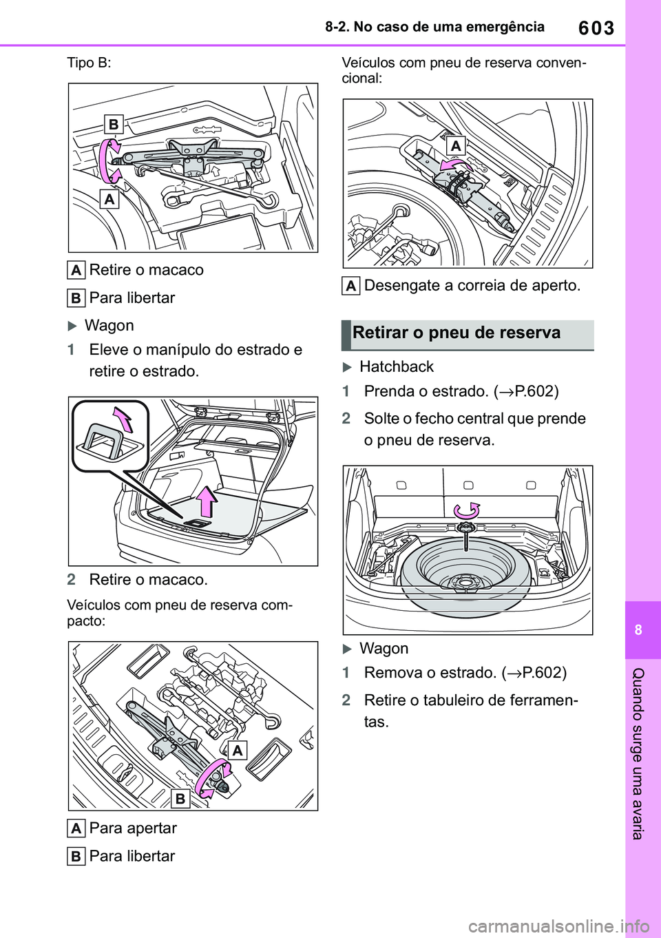 TOYOTA COROLLA HATCHBACK 2021  Manual de utilização (in Portuguese) 603
� ������1�R��F�D�V�R��G�H��X�P�D��H�P�H�U�J�r�Q�F�L�D
�4�X�D�Q�G�R��V�X�U�J�H��X�P�D��D�Y�D�U�L�D
�7�L�S�R��%�
�5�H�W�L�U�H��R��P�D�F�D�F�R
�3�D�U�D��O�L�E�H�U�W�D�U
�X�:�D�J�R�Q
