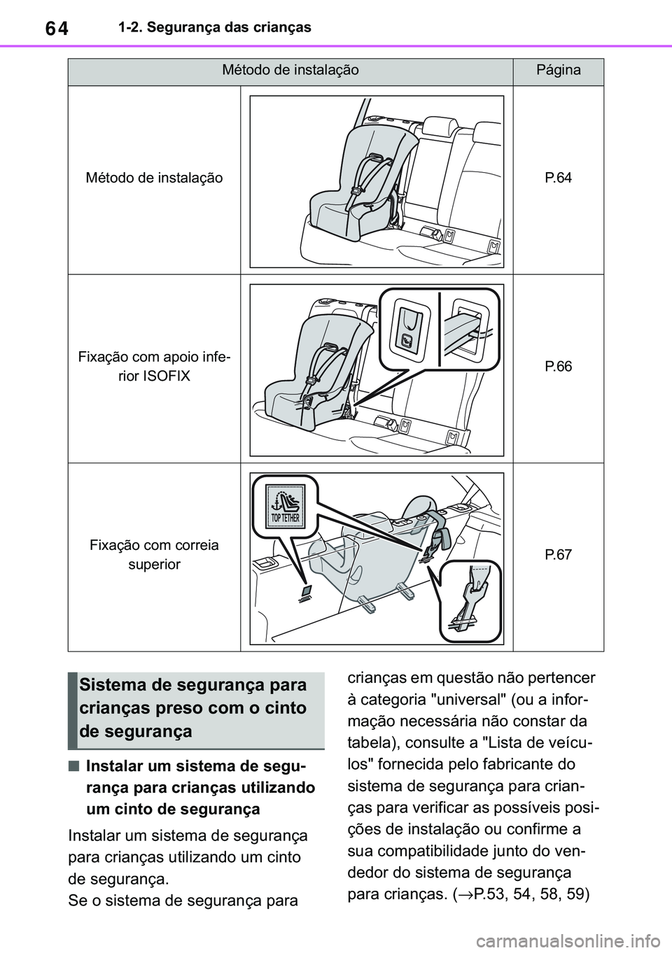 TOYOTA COROLLA HATCHBACK 2020  Manual de utilização (in Portuguese) 64������6�H�J�X�U�D�Q�o�D��G�D�V��F�U�L�D�Q�o�D�V
■�,�Q�V�W�D�O�D�U��X�P��V�L�V�W�H�P�D��G�H��V�H�J�X-
�U�D�Q�o�D��S�D�U�D��F�U�L�D�Q�o�D�V��X�W�L�O�L�]�D�Q�G�R�
�X�P��F�L�Q�W�R��G�