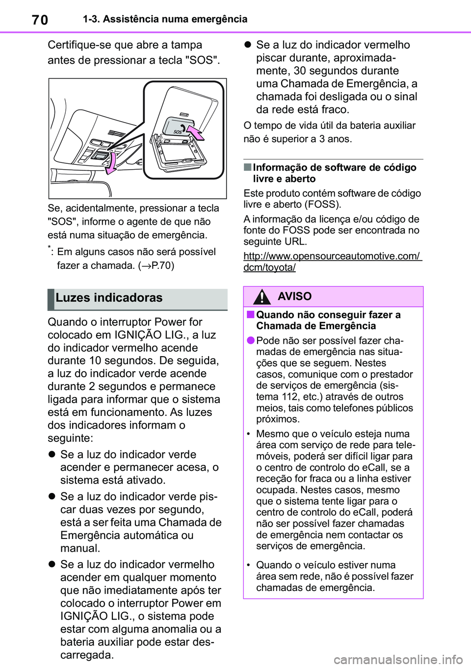 TOYOTA COROLLA HATCHBACK 2020  Manual de utilização (in Portuguese) 70������$�V�V�L�V�W�r�Q�F�L�D��Q�X�P�D��H�P�H�U�J�r�Q�F�L�D
�&�H�U�W�L�I�L�T�X�H��V�H��T�X�H��D�E�U�H��D��W�D�P�S�D�
�D�Q�W�H�V��G�H��S�U�H�V�V�L�R�Q�D�U��D��W�H�F�O�D���6�2�6��
�
