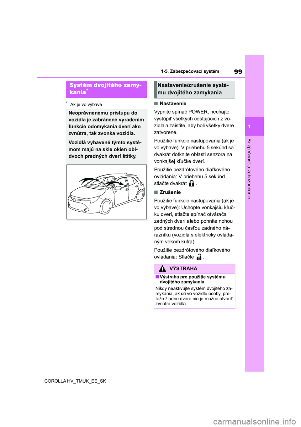 TOYOTA COROLLA HATCHBACK 2021 Návod na použitie (in Slovakian) 99
1
1-5. Zabezpečovací systém
Bezpečnosť a zabezpečenie
COROLLA HV_TMUK_EE_SK
*: Ak je vo výbave■Nastavenie
Vypnite spínač POWER, nechajte
vystúpiť všetkých cestujúcich z vo-
zidl TOYOTA COROLLA HATCHBACK 2021 Návod na použitie (in Slovakian) 99
1
1-5. Zabezpečovací systém
Bezpečnosť a zabezpečenie
COROLLA HV_TMUK_EE_SK
*: Ak je vo výbave■Nastavenie
Vypnite spínač POWER, nechajte
vystúpiť všetkých cestujúcich z vo-
zidl
