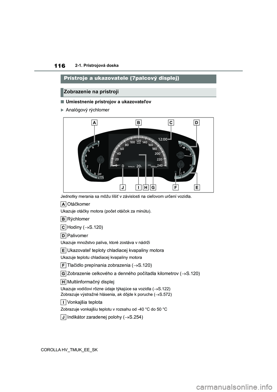 TOYOTA COROLLA HATCHBACK 2021  Návod na použitie (in Slovakian) 116
COROLLA HV_TMUK_EE_SK 
2-1. Prístrojová doska
■Umiestnenie prístrojov a ukazovateľov
Analógový rýchlomer
Jednotky merania sa môžu líšiť v  závislosti na cieľovom určení vozidl