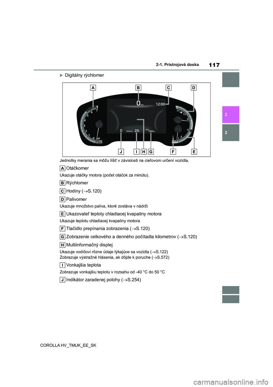 TOYOTA COROLLA HATCHBACK 2021  Návod na použitie (in Slovakian) 1172-1. Prístrojová doska
2 
2 
COROLLA HV_TMUK_EE_SK
Digitálny rýchlomer
Jednotky merania sa môžu líšiť v  závislosti na cieľovom určení vozidla.
Otáčkomer
Ukazuje otáčky motora (