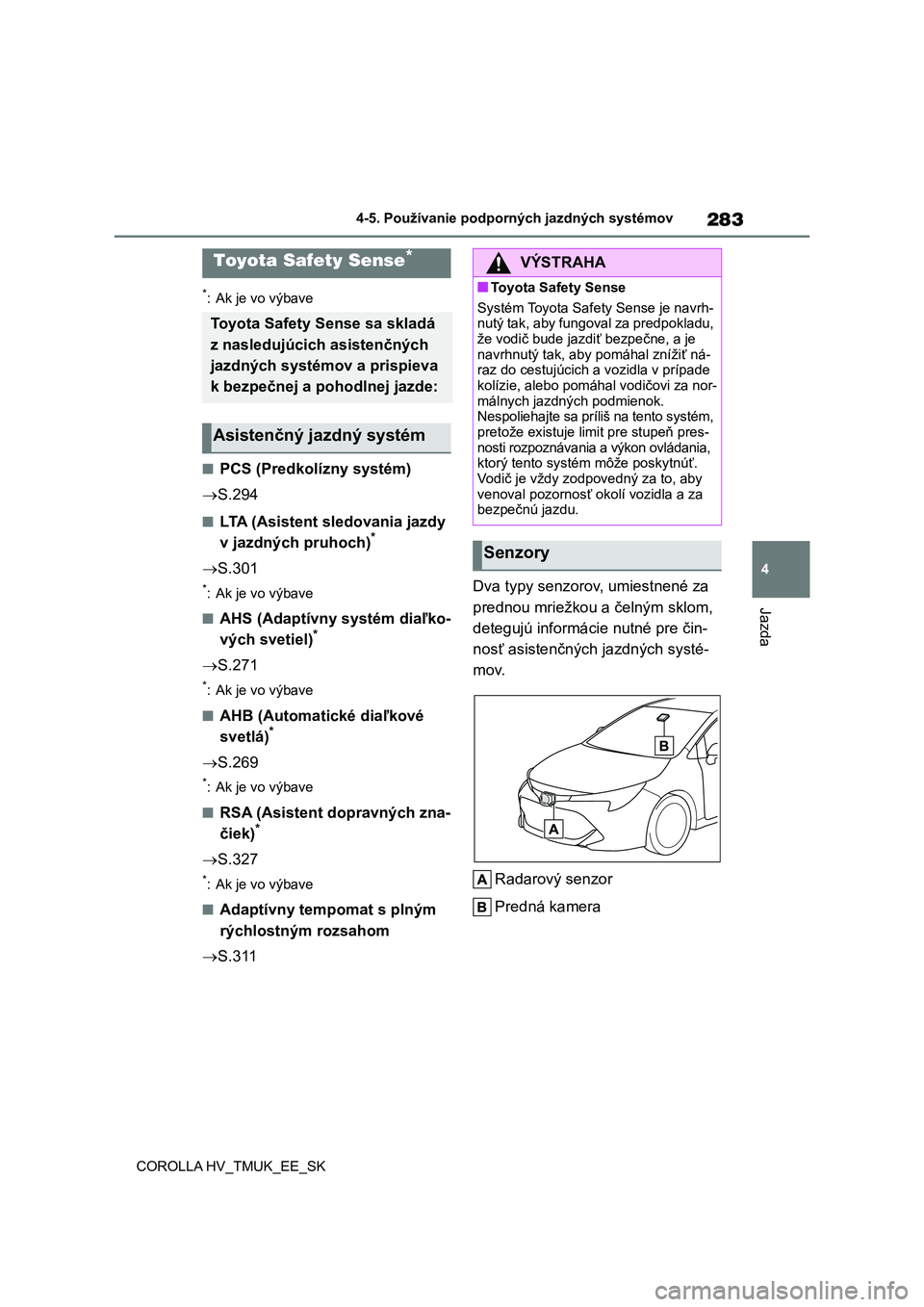 TOYOTA COROLLA HATCHBACK 2021 Návod na použitie (in Slovakian) 283
4
4-5. Používanie podporných jazdných systémov
Jazda
COROLLA HV_TMUK_EE_SK
4-5.Používanie podporných jazdných systémov
*: Ak je vo výbave
■PCS (Predkolízny systém)
S.294
■LT TOYOTA COROLLA HATCHBACK 2021 Návod na použitie (in Slovakian) 283
4
4-5. Používanie podporných jazdných systémov
Jazda
COROLLA HV_TMUK_EE_SK
4-5.Používanie podporných jazdných systémov
*: Ak je vo výbave
■PCS (Predkolízny systém)
S.294
■LT
