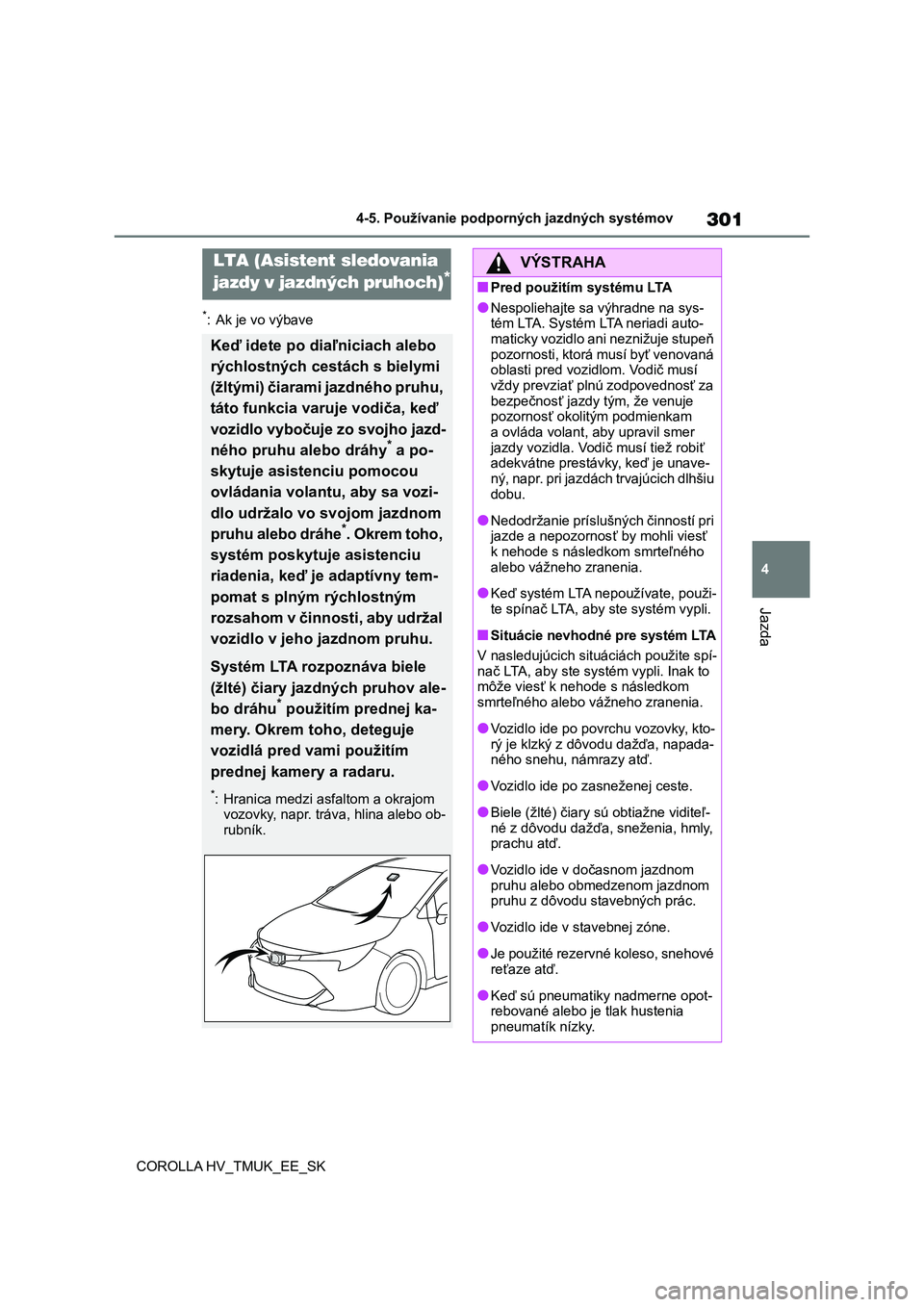 TOYOTA COROLLA HATCHBACK 2021 Návod na použitie (in Slovakian) 301
4
4-5. Používanie podporných jazdných systémov
Jazda
COROLLA HV_TMUK_EE_SK
*: Ak je vo výbave
LTA (Asistent sledovania
jazdy v jazdných pruhoch)*
Keď idete po diaľ niciach alebo
rýc TOYOTA COROLLA HATCHBACK 2021 Návod na použitie (in Slovakian) 301
4
4-5. Používanie podporných jazdných systémov
Jazda
COROLLA HV_TMUK_EE_SK
*: Ak je vo výbave
LTA (Asistent sledovania
jazdy v jazdných pruhoch)*
Keď idete po diaľ niciach alebo
rýc