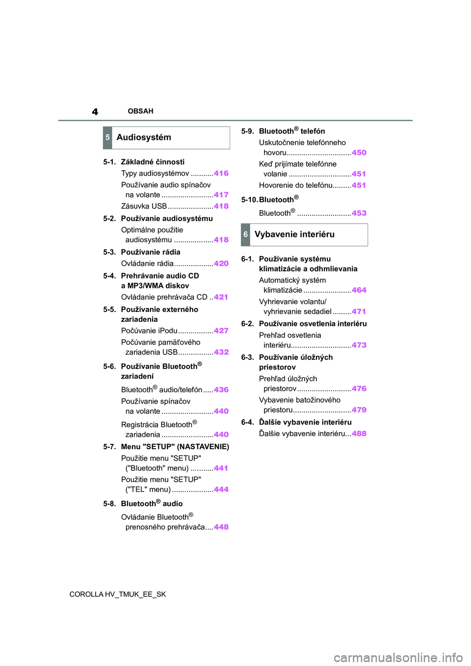 TOYOTA COROLLA HATCHBACK 2021  Návod na použitie (in Slovakian) 4OBSAH
COROLLA HV_TMUK_EE_SK
5-1. Základné činnosti
Typy audiosystémov ...........416
Používanie audio spínačov 
na volante .........................417
Zásuvka USB ......................418
