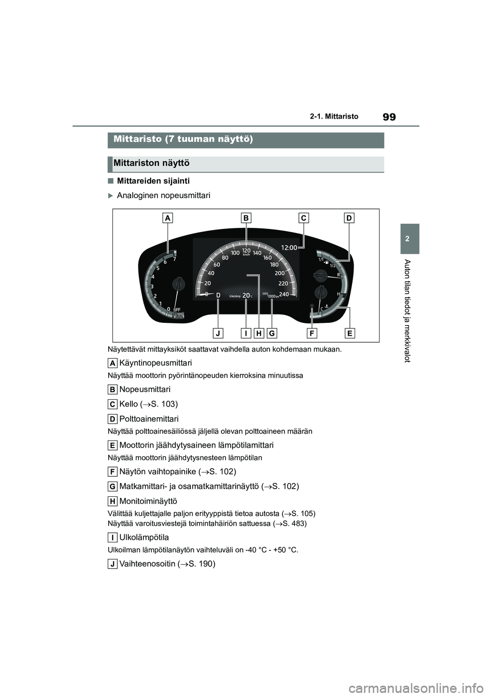 TOYOTA COROLLA HATCHBACK 2020 Omistajan Käsikirja (in Finnish) 99
2
OM12P55FI 2-1. Mittaristo
Auton tilan tiedot ja merkkivalot
nMittareiden sijainti
Analoginen nopeusmittari
Näytettävät mitta
yksiköt saattavat vaihdella auton kohdemaan mukaan.
Käyntinop TOYOTA COROLLA HATCHBACK 2020 Omistajan Käsikirja (in Finnish) 99
2
OM12P55FI 2-1. Mittaristo
Auton tilan tiedot ja merkkivalot
nMittareiden sijainti
Analoginen nopeusmittari
Näytettävät mitta
yksiköt saattavat vaihdella auton kohdemaan mukaan.
Käyntinop