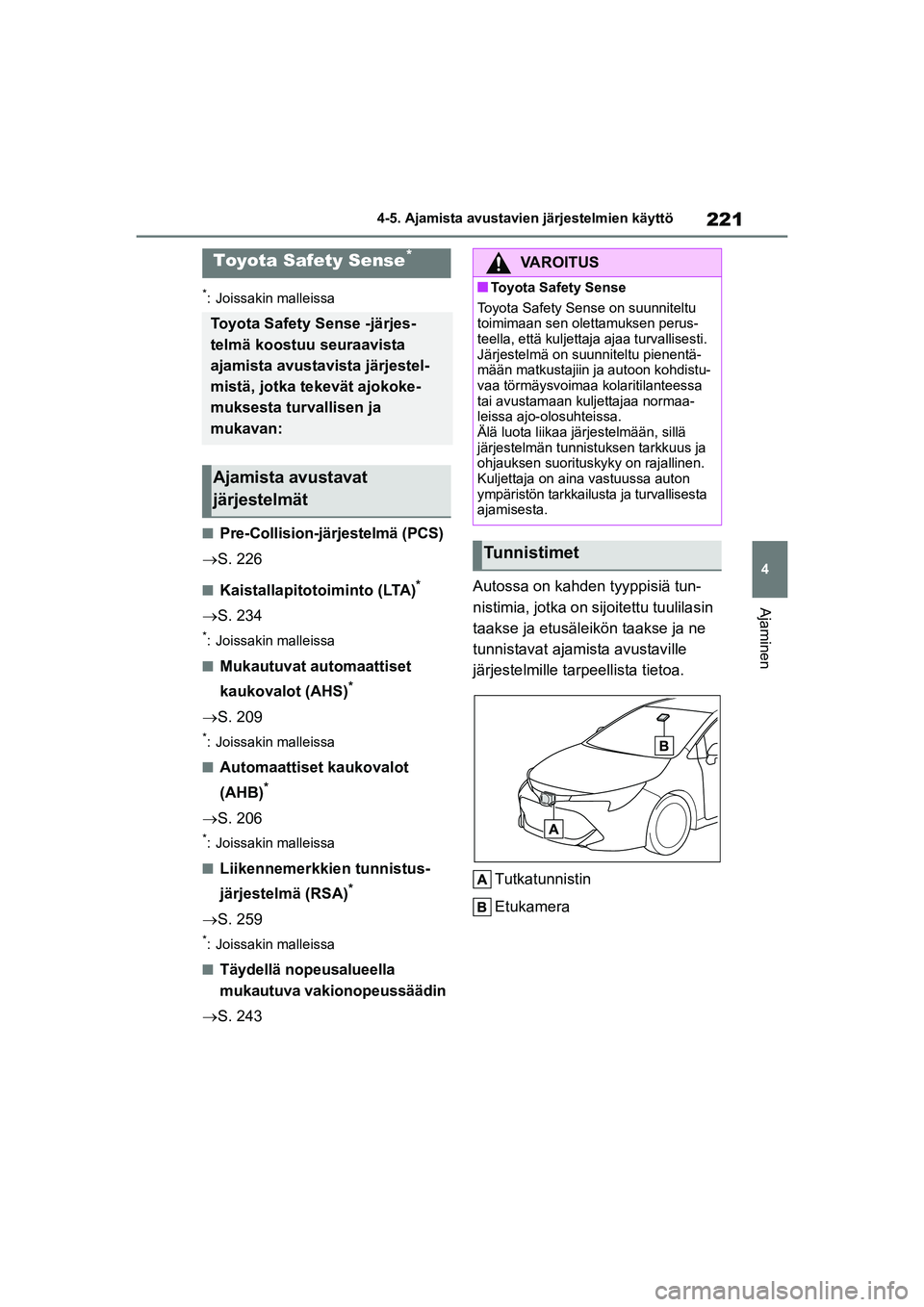 TOYOTA COROLLA HATCHBACK 2020 Omistajan Käsikirja (in Finnish) 221
4
OM12P55FI 4-5. Ajamista avustavien järjestelmien käyttö
Ajaminen
4-5.Ajamista avustavien järjestelmien käyttö
*: Joissakin malleissa
nPre-Collision-järjestelmä (PCS)
S. 226
nKaistall TOYOTA COROLLA HATCHBACK 2020 Omistajan Käsikirja (in Finnish) 221
4
OM12P55FI 4-5. Ajamista avustavien järjestelmien käyttö
Ajaminen
4-5.Ajamista avustavien järjestelmien käyttö
*: Joissakin malleissa
nPre-Collision-järjestelmä (PCS)
S. 226
nKaistall