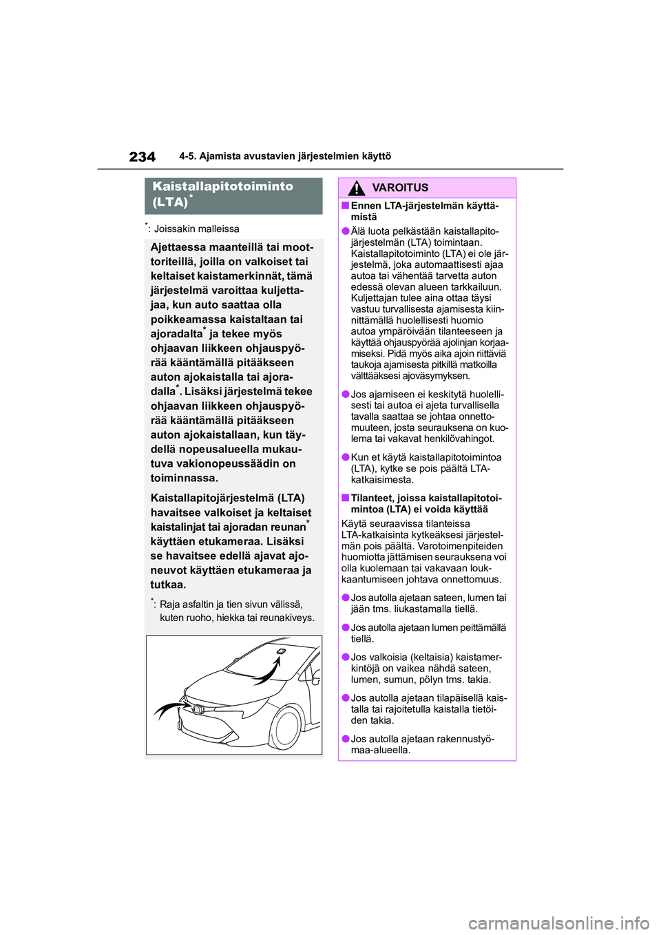 TOYOTA COROLLA HATCHBACK 2020 Omistajan Käsikirja (in Finnish) 234
OM12P55FI4-5. Ajamista avustavie
n järjestelmien käyttö
*: Joissakin malleissa
Kaistallapitotoiminto
(LTA)*
Ajettaessa maanteillä tai moot-
toriteillä, joilla on valkoiset tai
keltaiset kai TOYOTA COROLLA HATCHBACK 2020 Omistajan Käsikirja (in Finnish) 234
OM12P55FI4-5. Ajamista avustavie
n järjestelmien käyttö
*: Joissakin malleissa
Kaistallapitotoiminto
(LTA)*
Ajettaessa maanteillä tai moot-
toriteillä, joilla on valkoiset tai
keltaiset kai