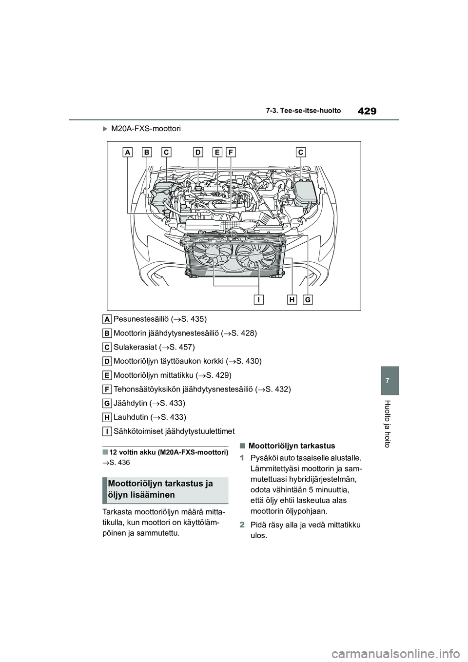 TOYOTA COROLLA HATCHBACK 2020 Omistajan Käsikirja (in Finnish) 429
7
OM12P55FI 7-3. Tee-se-itse-huolto
Huolto ja hoito
M20A-FXS-moottori
Pesunestesäiliö ( S. 435)
Moottorin jäähdytysnestesäiliö ( S. 428)
Sulakerasiat ( S. 457)
Moottoriöljyn tä TOYOTA COROLLA HATCHBACK 2020 Omistajan Käsikirja (in Finnish) 429
7
OM12P55FI 7-3. Tee-se-itse-huolto
Huolto ja hoito
M20A-FXS-moottori
Pesunestesäiliö ( S. 435)
Moottorin jäähdytysnestesäiliö ( S. 428)
Sulakerasiat ( S. 457)
Moottoriöljyn tä