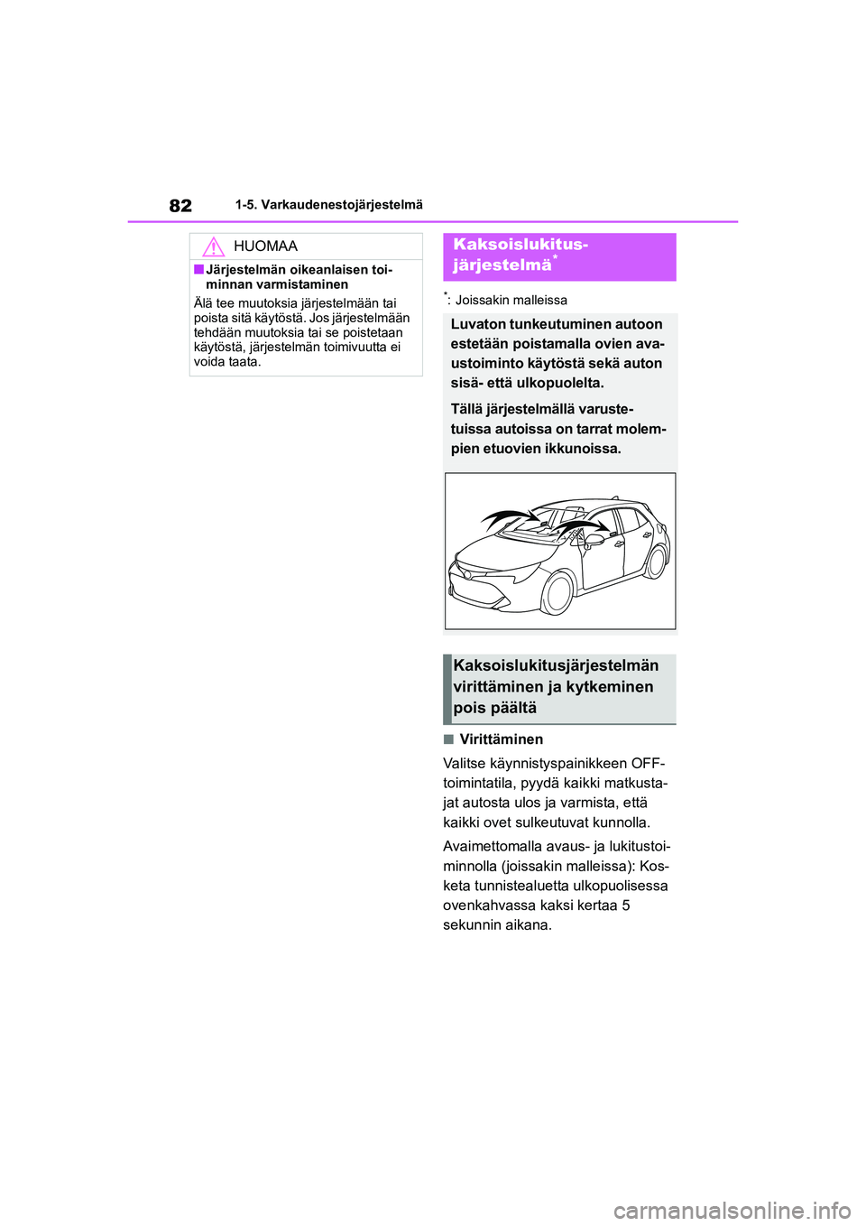 TOYOTA COROLLA HATCHBACK 2020 Omistajan Käsikirja (in Finnish) 82
OM12P55FI1-5. Varkaudenestojärjestelmä
*: Joissakin malleissa
nVirittäminen
Valitse käynnistys painikkeen OFF-
toimintatila, pyydä kaikki matkusta-
jat autosta ulos ja varmista, että
kaikk TOYOTA COROLLA HATCHBACK 2020 Omistajan Käsikirja (in Finnish) 82
OM12P55FI1-5. Varkaudenestojärjestelmä
*: Joissakin malleissa
nVirittäminen
Valitse käynnistys painikkeen OFF-
toimintatila, pyydä kaikki matkusta-
jat autosta ulos ja varmista, että
kaikk