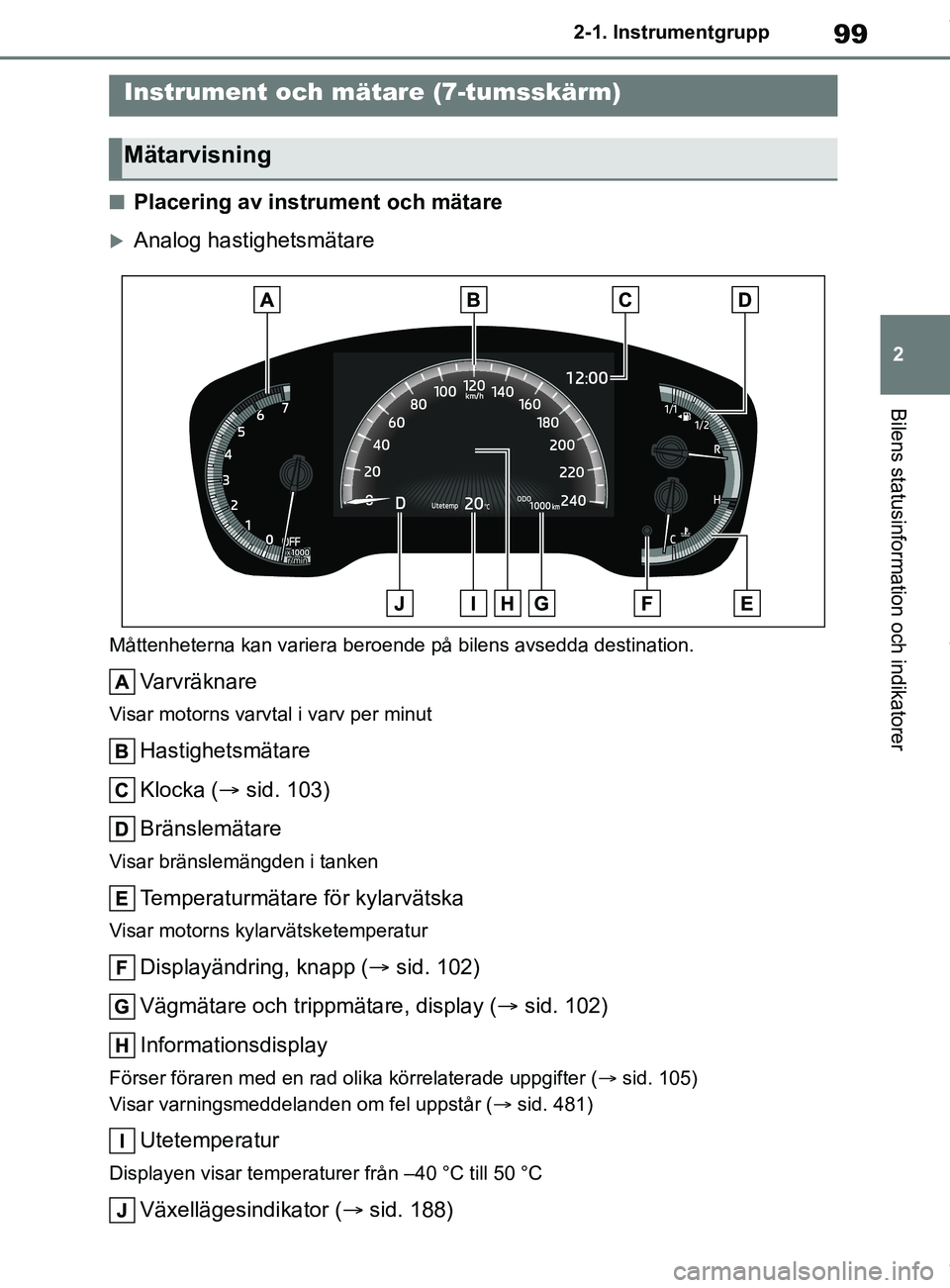 TOYOTA COROLLA HATCHBACK 2020 Bruksanvisningar (in Swedish) 99
2
OM12L35SE 2-1. Instrumentgrupp
Bilens statusinformation och indikatorer
nPlacering av instrument och mätare
Analog hastighetsmätare
Måttenheterna kan variera beroende på bilens avsedda des TOYOTA COROLLA HATCHBACK 2020 Bruksanvisningar (in Swedish) 99
2
OM12L35SE 2-1. Instrumentgrupp
Bilens statusinformation och indikatorer
nPlacering av instrument och mätare
Analog hastighetsmätare
Måttenheterna kan variera beroende på bilens avsedda des