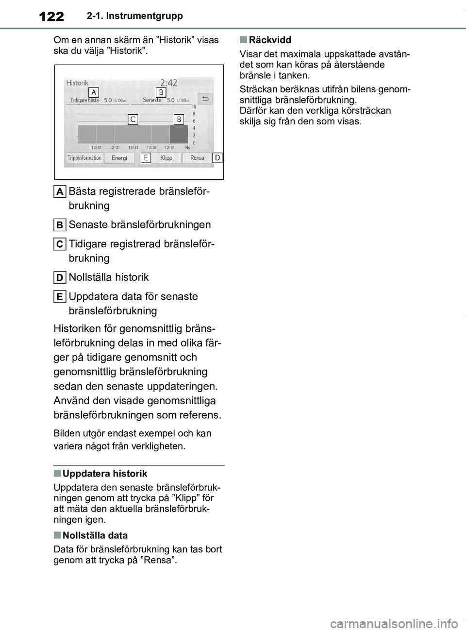 TOYOTA COROLLA HATCHBACK 2021 Bruksanvisningar (in Swedish) 122
OM12L35SE2-1. Instrumentgrupp
Om en annan skärm än ”Historik” visas
ska du välja ”Historik”.
Bästa registrerade bränsleför-
brukning
Senaste bränsleförbrukningen
Tidigare registre TOYOTA COROLLA HATCHBACK 2021 Bruksanvisningar (in Swedish) 122
OM12L35SE2-1. Instrumentgrupp
Om en annan skärm än ”Historik” visas
ska du välja ”Historik”.
Bästa registrerade bränsleför-
brukning
Senaste bränsleförbrukningen
Tidigare registre