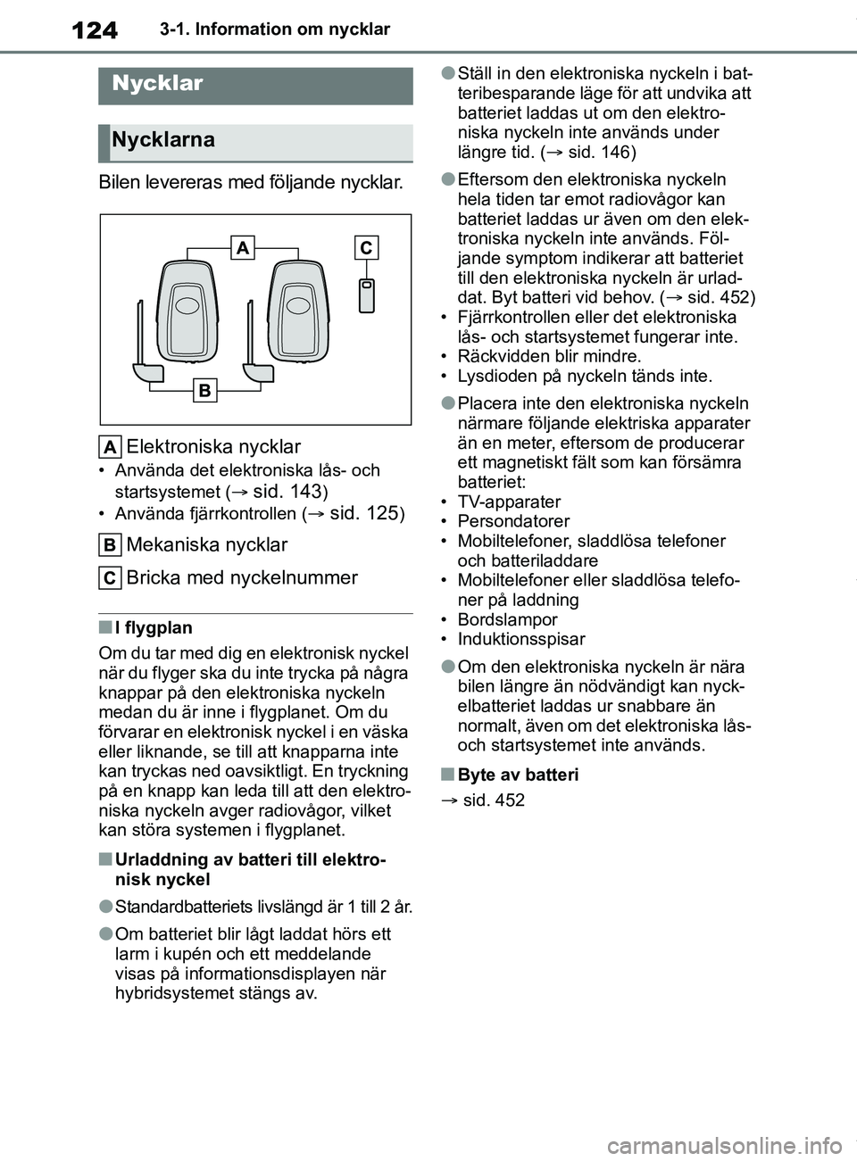 TOYOTA COROLLA HATCHBACK 2020 Bruksanvisningar (in Swedish) 124
OM12L35SE3-1. Information om nycklar
3-1.Information om nycklar
Bilen levereras med följande nycklar.
Elektroniska nycklar
• Använda det elektroniska lås- och startsystemet (
sid. 143)
TOYOTA COROLLA HATCHBACK 2020 Bruksanvisningar (in Swedish) 124
OM12L35SE3-1. Information om nycklar
3-1.Information om nycklar
Bilen levereras med följande nycklar.
Elektroniska nycklar
• Använda det elektroniska lås- och startsystemet (
sid. 143)