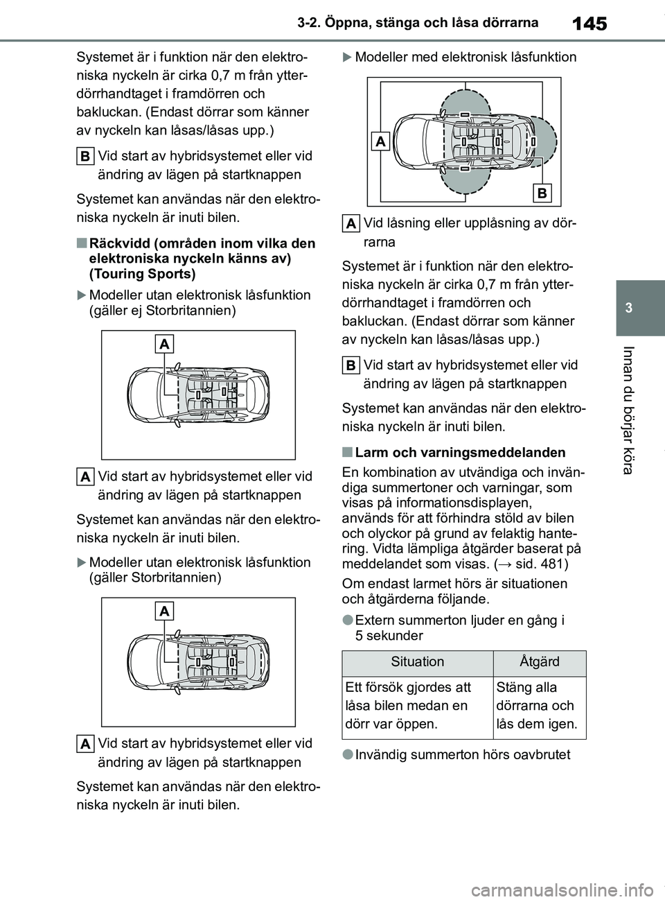 TOYOTA COROLLA HATCHBACK 2021  Bruksanvisningar (in Swedish) 145
3
OM12L35SE 3-2. Öppna, stänga och låsa dörrarna
Innan du börjar köra
Systemet är i funktion när den elektro-
niska nyckeln är cirka 0,7 m från ytter-
dörrhandtaget i framdörren och 
b