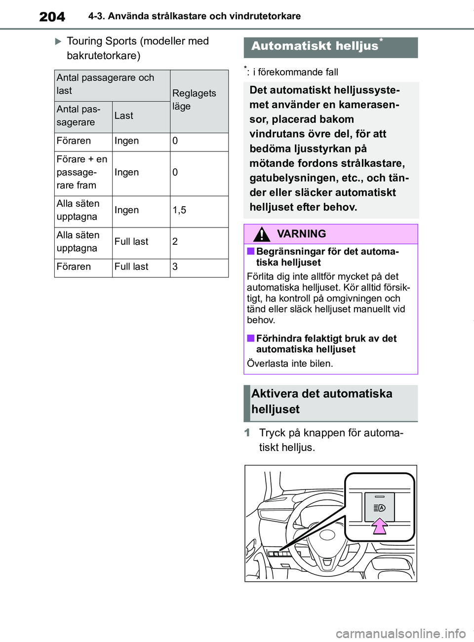 TOYOTA COROLLA HATCHBACK 2021  Bruksanvisningar (in Swedish) 204
OM12L35SE4-3. Använda strålkastare och vindrutetorkare
Touring Sports (modeller med 
bakrutetorkare)
*: i förekommande fall
1
Tryck på knappen för automa-
tiskt helljus.
Antal passagerare 