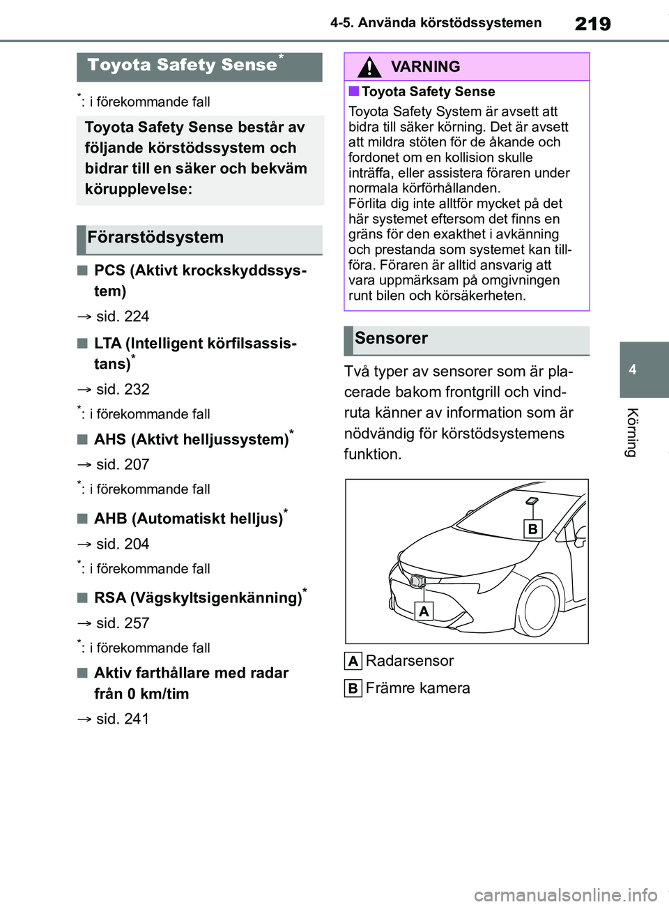 TOYOTA COROLLA HATCHBACK 2020 Bruksanvisningar (in Swedish) 219
4
OM12L35SE 4-5. Använda körstödssystemen
Körning
4-5.Använda körstödssystemen
*: i förekommande fall
nPCS (Aktivt krockskyddssys-
tem)
sid. 224
nLTA (Intelligent körfilsassis-
tans) TOYOTA COROLLA HATCHBACK 2020 Bruksanvisningar (in Swedish) 219
4
OM12L35SE 4-5. Använda körstödssystemen
Körning
4-5.Använda körstödssystemen
*: i förekommande fall
nPCS (Aktivt krockskyddssys-
tem)
sid. 224
nLTA (Intelligent körfilsassis-
tans)
