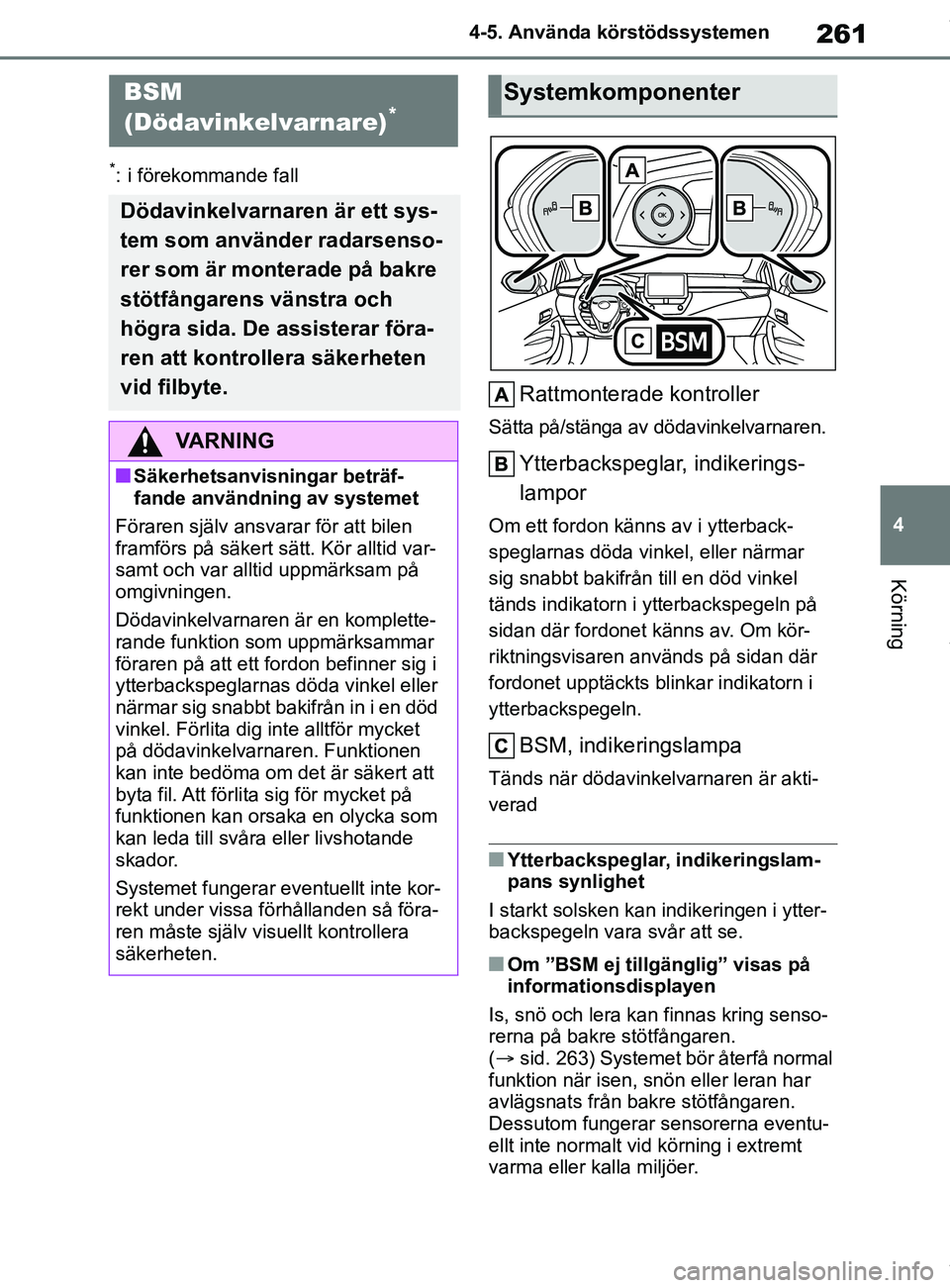 TOYOTA COROLLA HATCHBACK 2020 Bruksanvisningar (in Swedish) 261
4
OM12L35SE 4-5. Använda körstödssystemen
Körning
*: i förekommande fall
Rattmonterade kontroller
Sätta på/stänga av dödavinkelvarnaren.
Ytterbackspeglar, indikerings-
lampor
Om ett fordo TOYOTA COROLLA HATCHBACK 2020 Bruksanvisningar (in Swedish) 261
4
OM12L35SE 4-5. Använda körstödssystemen
Körning
*: i förekommande fall
Rattmonterade kontroller
Sätta på/stänga av dödavinkelvarnaren.
Ytterbackspeglar, indikerings-
lampor
Om ett fordo