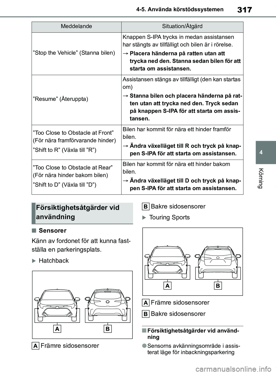 TOYOTA COROLLA HATCHBACK 2020 Bruksanvisningar (in Swedish) 317
4
OM12L35SE 4-5. Använda körstödssystemen
Körning
nSensorer
Känn av fordonet för att kunna fast-
ställa en parkeringsplats.
Hatchback
Främre sidosensorer Bakre sidosensorer
Touring S TOYOTA COROLLA HATCHBACK 2020 Bruksanvisningar (in Swedish) 317
4
OM12L35SE 4-5. Använda körstödssystemen
Körning
nSensorer
Känn av fordonet för att kunna fast-
ställa en parkeringsplats.
Hatchback
Främre sidosensorer Bakre sidosensorer
Touring S