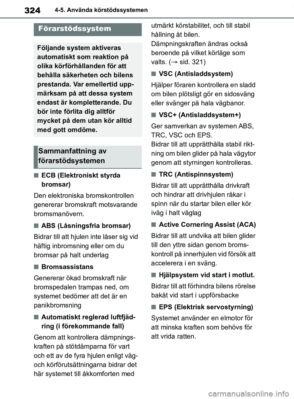 TOYOTA COROLLA HATCHBACK 2021 Bruksanvisningar (in Swedish) 324
OM12L35SE4-5. Använda körstödssystemen
nECB (Elektroniskt styrda
bromsar)
Den elektroniska bromskontrollen
genererar bromskraft motsvarande
bromsmanövern.
nABS (Låsningsfria bromsar)
Bidra TOYOTA COROLLA HATCHBACK 2021 Bruksanvisningar (in Swedish) 324
OM12L35SE4-5. Använda körstödssystemen
nECB (Elektroniskt styrda
bromsar)
Den elektroniska bromskontrollen
genererar bromskraft motsvarande
bromsmanövern.
nABS (Låsningsfria bromsar)
Bidra