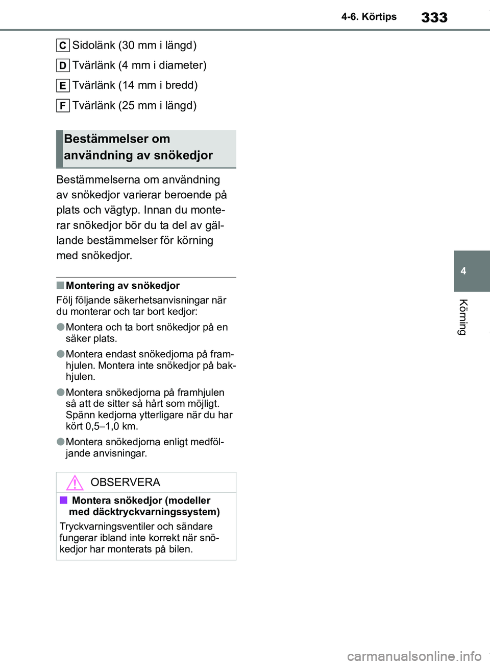 TOYOTA COROLLA HATCHBACK 2021 Bruksanvisningar (in Swedish) 333
4
OM12L35SE 4-6. Körtips
Körning
Sidolänk (30 mm i längd)
Tvärlänk (4 mm i diameter)
Tvärlänk (14 mm i bredd)
Tvärlänk (25 mm i längd)
Bestämmelserna om användning
av snökedjor vari TOYOTA COROLLA HATCHBACK 2021 Bruksanvisningar (in Swedish) 333
4
OM12L35SE 4-6. Körtips
Körning
Sidolänk (30 mm i längd)
Tvärlänk (4 mm i diameter)
Tvärlänk (14 mm i bredd)
Tvärlänk (25 mm i längd)
Bestämmelserna om användning
av snökedjor vari