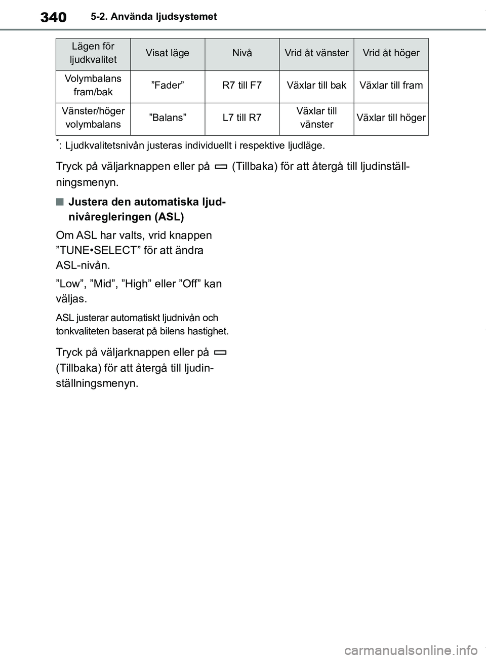 TOYOTA COROLLA HATCHBACK 2020 Bruksanvisningar (in Swedish) 340
OM12L35SE5-2. Använda ljudsystemet
*: Ljudkvalitetsnivån justeras individuellt i respektive ljudläge.
Tryck på väljarknappen eller på (Tillb
aka) för att återgå till ljudinställ-
nings TOYOTA COROLLA HATCHBACK 2020 Bruksanvisningar (in Swedish) 340
OM12L35SE5-2. Använda ljudsystemet
*: Ljudkvalitetsnivån justeras individuellt i respektive ljudläge.
Tryck på väljarknappen eller på (Tillb
aka) för att återgå till ljudinställ-
nings