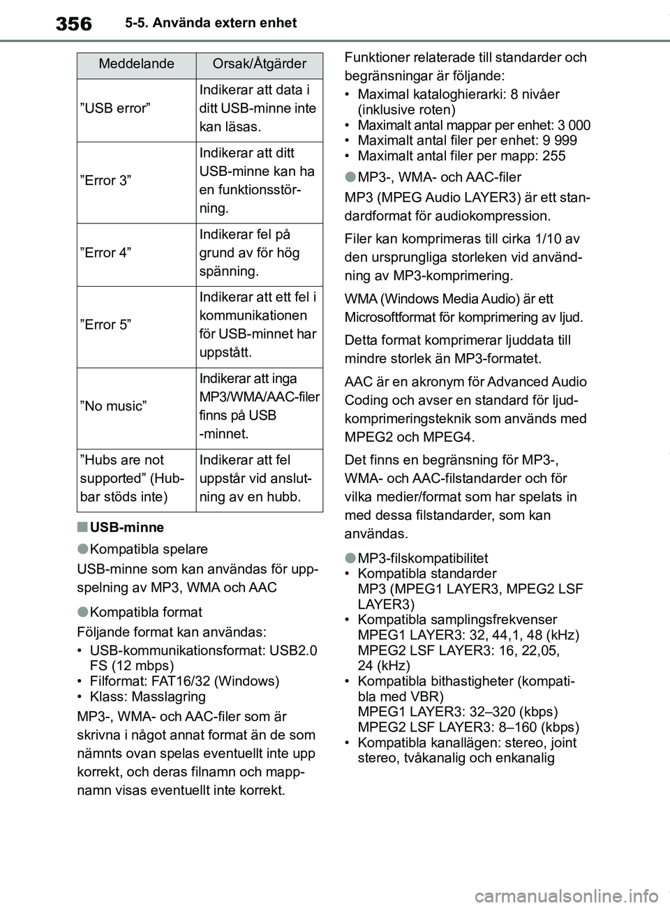 TOYOTA COROLLA HATCHBACK 2020 Bruksanvisningar (in Swedish) 356
OM12L35SE5-5. Använda extern enhet
nUSB-minne
lKompatibla spelare
USB-minne som kan användas för upp-
spelning av MP3, WMA och AAC
lKompatibla format
Följande format kan användas:
• USB-kom TOYOTA COROLLA HATCHBACK 2020 Bruksanvisningar (in Swedish) 356
OM12L35SE5-5. Använda extern enhet
nUSB-minne
lKompatibla spelare
USB-minne som kan användas för upp-
spelning av MP3, WMA och AAC
lKompatibla format
Följande format kan användas:
• USB-kom