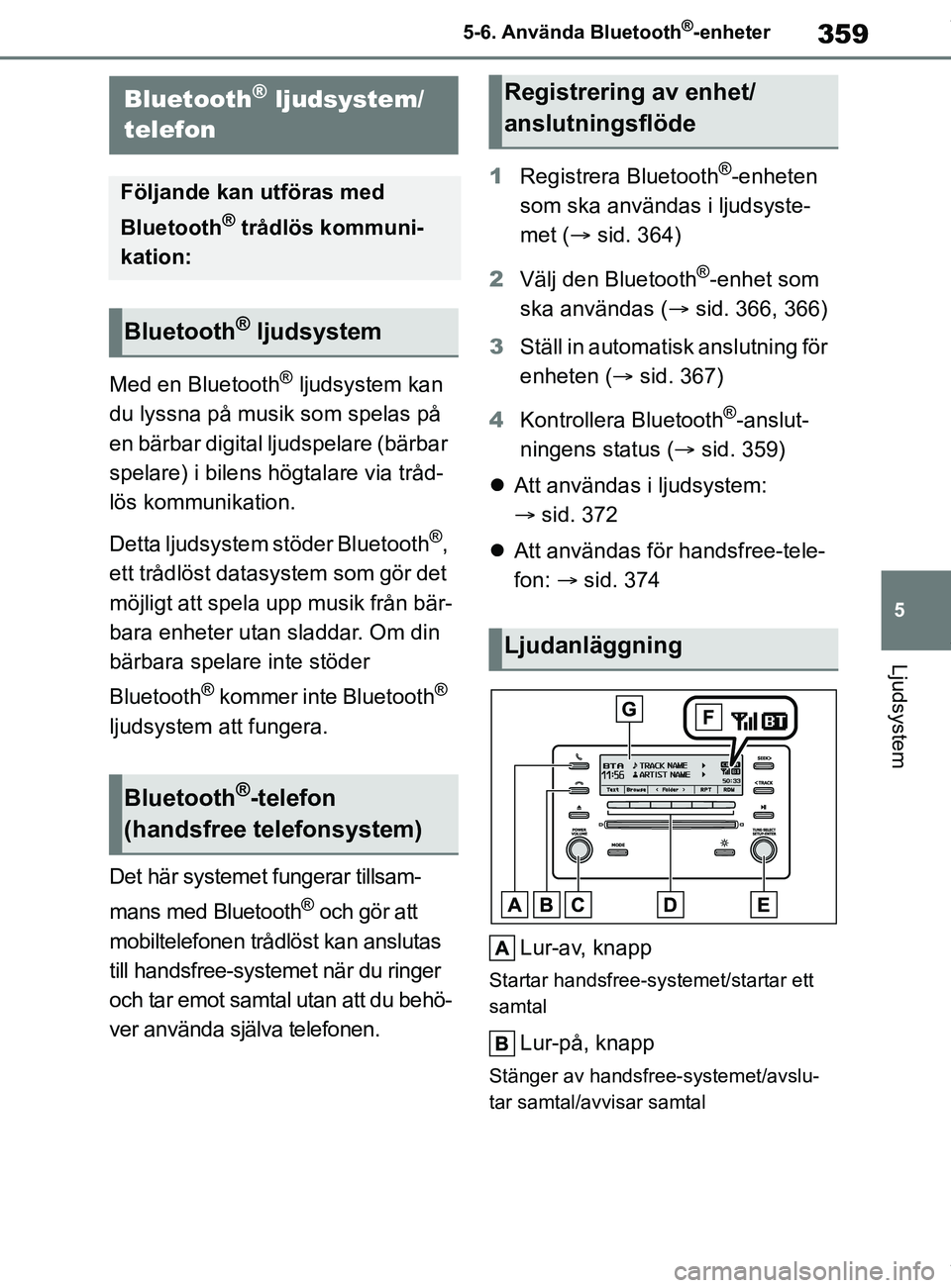 TOYOTA COROLLA HATCHBACK 2020 Bruksanvisningar (in Swedish) 359
5
OM12L35SE 5-6. Använda Bluetooth
®-enheter
Ljudsystem
5-6.Använda Bluetooth®-enheter
Med en Bluetooth® ljudsystem kan
du lyssna på musik som spelas på
en bärbar digital ljudspelare (b TOYOTA COROLLA HATCHBACK 2020 Bruksanvisningar (in Swedish) 359
5
OM12L35SE 5-6. Använda Bluetooth
®-enheter
Ljudsystem
5-6.Använda Bluetooth®-enheter
Med en Bluetooth® ljudsystem kan
du lyssna på musik som spelas på
en bärbar digital ljudspelare (b