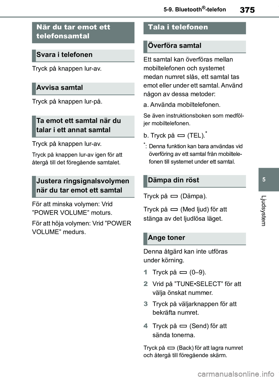 TOYOTA COROLLA HATCHBACK 2021 Bruksanvisningar (in Swedish) 375
5
OM12L35SE 5-9. Bluetooth
®-telefon
Ljudsystem
Tryck på knappen lur-av.
Tryck på knappen lur-på.
Tryck på knappen lur-av.
Tryck på knappen lur-av igen för att
återgå till det föregåen TOYOTA COROLLA HATCHBACK 2021 Bruksanvisningar (in Swedish) 375
5
OM12L35SE 5-9. Bluetooth
®-telefon
Ljudsystem
Tryck på knappen lur-av.
Tryck på knappen lur-på.
Tryck på knappen lur-av.
Tryck på knappen lur-av igen för att
återgå till det föregåen