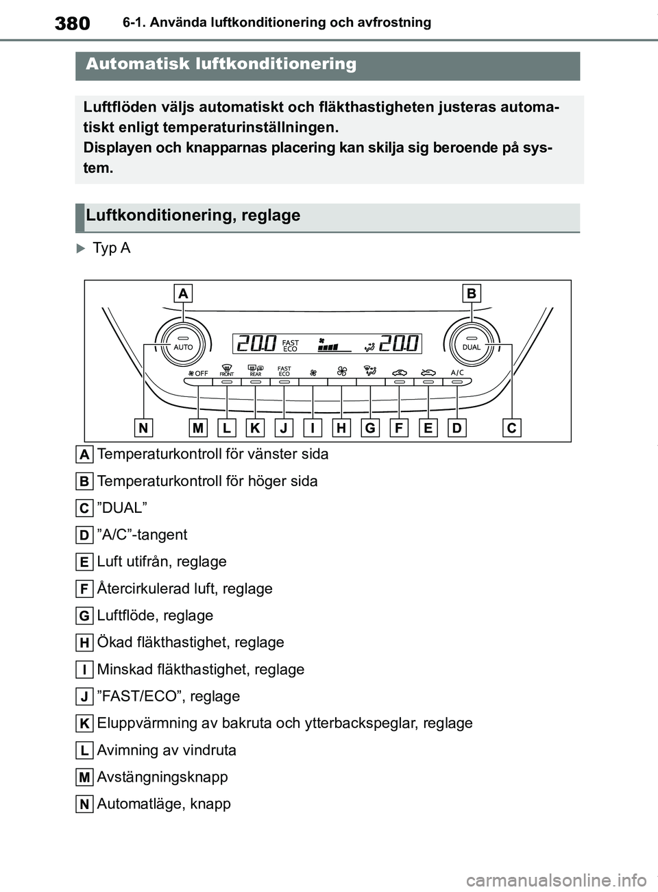 TOYOTA COROLLA HATCHBACK 2021 Bruksanvisningar (in Swedish) 380
OM12L35SE6-1. Använda luftkonditionering och avfrostning
6-1.Använda luftkonditionering och avfrostning
Ty p A
Temperaturkontroll för vänster sida
Temperaturkontroll för höger sida
”DU TOYOTA COROLLA HATCHBACK 2021 Bruksanvisningar (in Swedish) 380
OM12L35SE6-1. Använda luftkonditionering och avfrostning
6-1.Använda luftkonditionering och avfrostning
Ty p A
Temperaturkontroll för vänster sida
Temperaturkontroll för höger sida
”DU