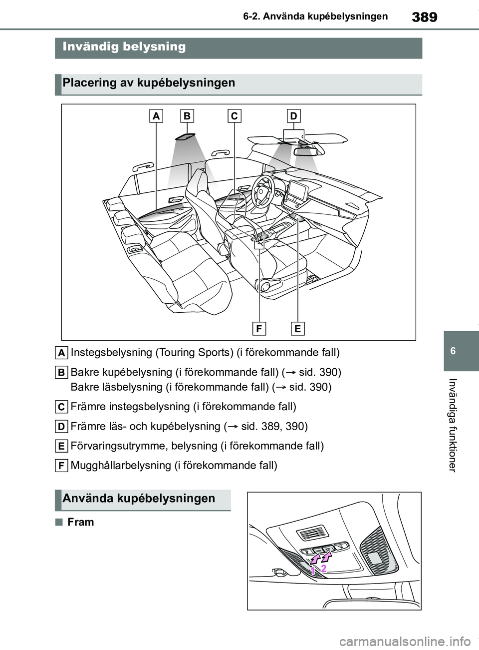 TOYOTA COROLLA HATCHBACK 2021 Bruksanvisningar (in Swedish) 389
6
OM12L35SE 6-2. Använda kupébelysningen
Invändiga funktioner
6-2.Använda kupébelysningen
Instegsbelysning (Touring Sports) (i förekommande fall)
Bakre kupébelysning (i förekommande fall) TOYOTA COROLLA HATCHBACK 2021 Bruksanvisningar (in Swedish) 389
6
OM12L35SE 6-2. Använda kupébelysningen
Invändiga funktioner
6-2.Använda kupébelysningen
Instegsbelysning (Touring Sports) (i förekommande fall)
Bakre kupébelysning (i förekommande fall)