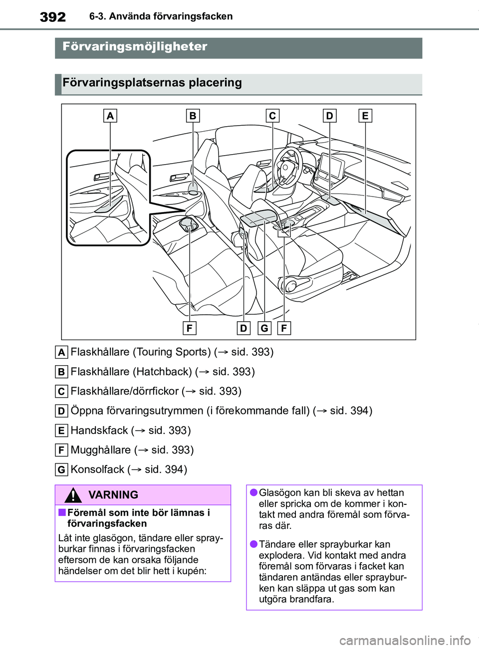 TOYOTA COROLLA HATCHBACK 2021 Bruksanvisningar (in Swedish) 392
OM12L35SE6-3. Använda förvaringsfacken
6-3.Använda förvaringsfacken
Flaskhållare (Touring Sports) (
sid. 393)
Flaskhållare (Hatchback) ( sid. 393)
Flaskhållare/dörrfickor ( sid. 3 TOYOTA COROLLA HATCHBACK 2021 Bruksanvisningar (in Swedish) 392
OM12L35SE6-3. Använda förvaringsfacken
6-3.Använda förvaringsfacken
Flaskhållare (Touring Sports) (
sid. 393)
Flaskhållare (Hatchback) ( sid. 393)
Flaskhållare/dörrfickor ( sid. 3