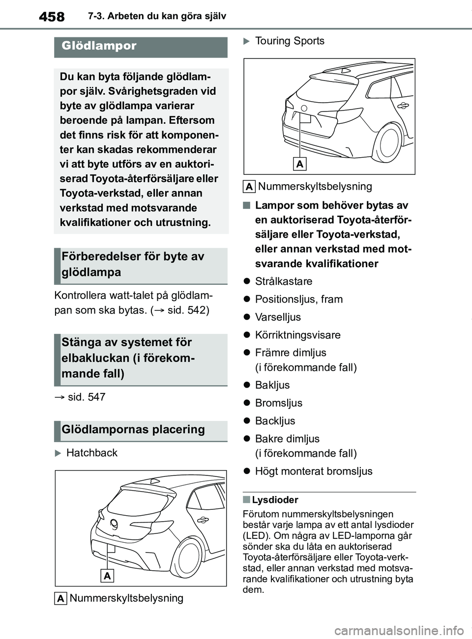 TOYOTA COROLLA HATCHBACK 2021 Bruksanvisningar (in Swedish) 458
OM12L35SE7-3. Arbeten du kan göra själv
Kontrollera watt-talet på glödlam-
pan som ska bytas. (
sid. 542)
sid. 547
Hatchback
Nummerskyltsbelysning
Touring SportsNummerskyltsbelysn TOYOTA COROLLA HATCHBACK 2021 Bruksanvisningar (in Swedish) 458
OM12L35SE7-3. Arbeten du kan göra själv
Kontrollera watt-talet på glödlam-
pan som ska bytas. (
sid. 542)
sid. 547
Hatchback
Nummerskyltsbelysning
Touring SportsNummerskyltsbelysn