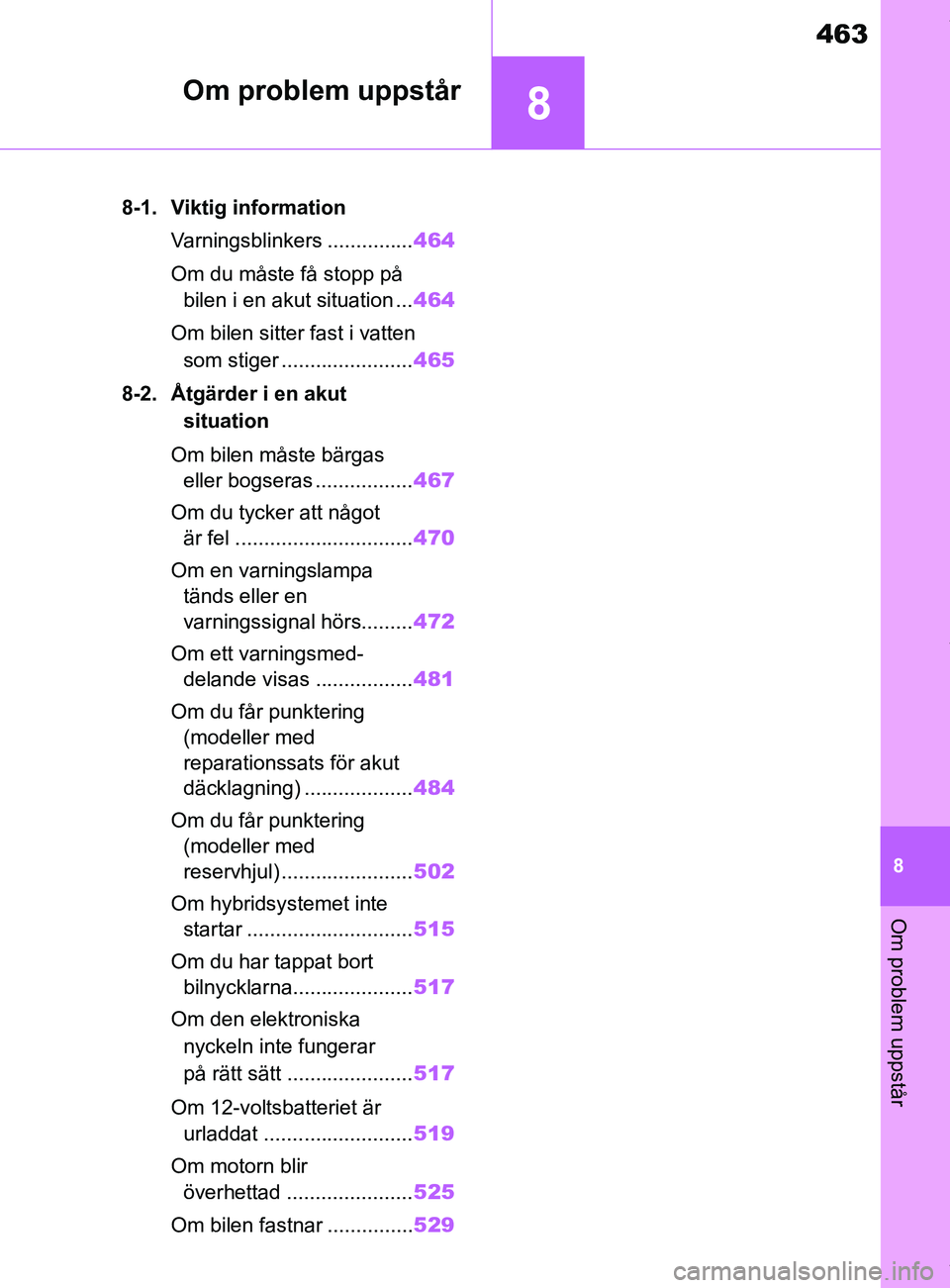 TOYOTA COROLLA HATCHBACK 2020 Bruksanvisningar (in Swedish) 8
463
OM12L35SE
8
Om problem uppstår
Om problem uppstår
.8-1. Viktig informationVarningsblinkers ............... 464
Om du måste få stopp på bilen i en akut situation ... 464
Om bilen sitter fas TOYOTA COROLLA HATCHBACK 2020 Bruksanvisningar (in Swedish) 8
463
OM12L35SE
8
Om problem uppstår
Om problem uppstår
.8-1. Viktig informationVarningsblinkers ............... 464
Om du måste få stopp på bilen i en akut situation ... 464
Om bilen sitter fas