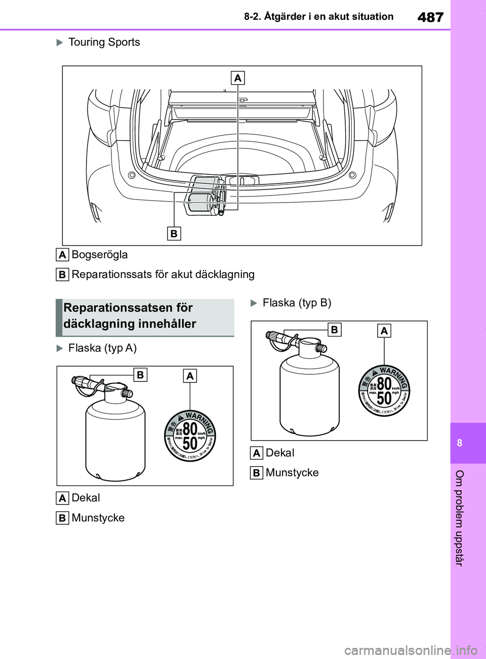 TOYOTA COROLLA HATCHBACK 2021 Bruksanvisningar (in Swedish) 487
8
OM12L35SE 8-2. Åtgärder i en akut situation
Om problem uppstår
Touring Sports
Bogserögla
Reparationssats för akut däcklagning
Flaska (typ A)Dekal
Munstycke
Flaska (typ B)Dekal
Mun TOYOTA COROLLA HATCHBACK 2021 Bruksanvisningar (in Swedish) 487
8
OM12L35SE 8-2. Åtgärder i en akut situation
Om problem uppstår
Touring Sports
Bogserögla
Reparationssats för akut däcklagning
Flaska (typ A)Dekal
Munstycke
Flaska (typ B)Dekal
Mun