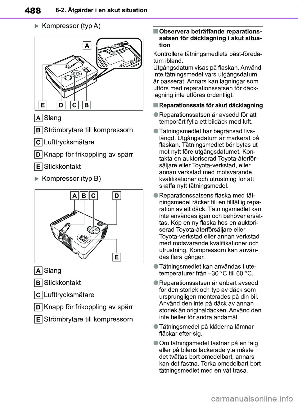 TOYOTA COROLLA HATCHBACK 2021 Bruksanvisningar (in Swedish) 488
OM12L35SE8-2. Åtgärder i en akut situation
Kompressor (typ A)
Slang
Strömbrytare till kompressorn
Lufttrycksmätare
Knapp för frikoppling av spärr
Stickkontakt
Kompressor (typ B)Slang
S TOYOTA COROLLA HATCHBACK 2021 Bruksanvisningar (in Swedish) 488
OM12L35SE8-2. Åtgärder i en akut situation
Kompressor (typ A)
Slang
Strömbrytare till kompressorn
Lufttrycksmätare
Knapp för frikoppling av spärr
Stickkontakt
Kompressor (typ B)Slang
S