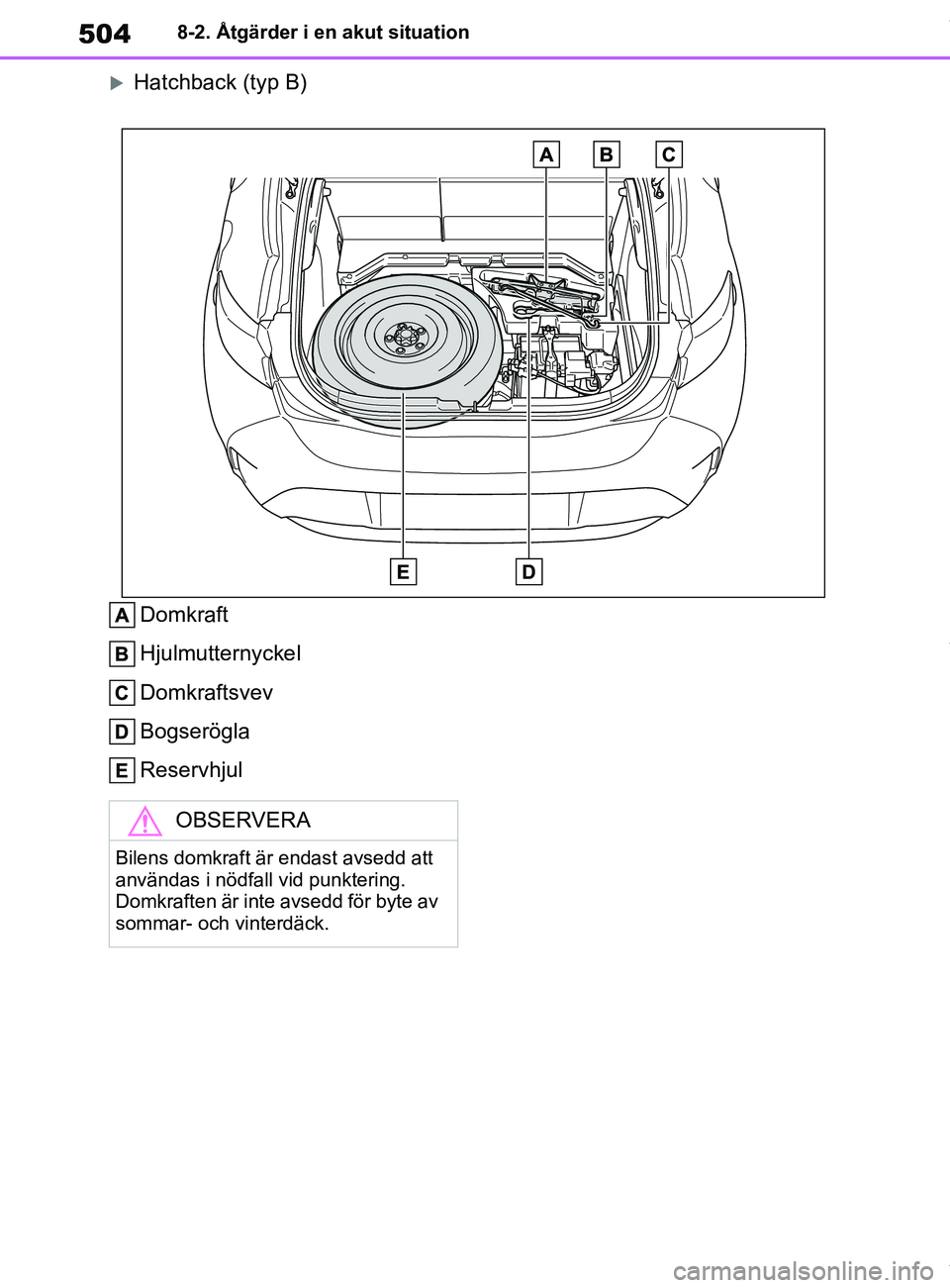 TOYOTA COROLLA HATCHBACK 2021 Bruksanvisningar (in Swedish) 504
OM12L35SE8-2. Åtgärder i en akut situation
Hatchback (typ B)
Domkraft
Hjulmutternyckel
Domkraftsvev
Bogserögla
Reservhjul
OBSERVERA
Bilens domkraft är endast avsedd att
användas i nödfal TOYOTA COROLLA HATCHBACK 2021 Bruksanvisningar (in Swedish) 504
OM12L35SE8-2. Åtgärder i en akut situation
Hatchback (typ B)
Domkraft
Hjulmutternyckel
Domkraftsvev
Bogserögla
Reservhjul
OBSERVERA
Bilens domkraft är endast avsedd att
användas i nödfal