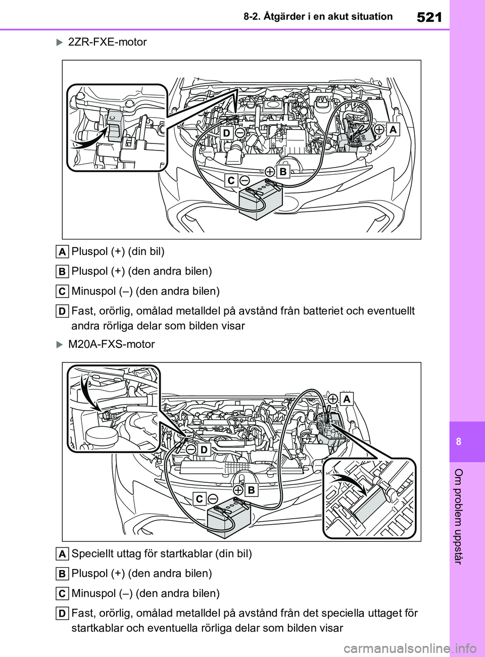 TOYOTA COROLLA HATCHBACK 2021 Bruksanvisningar (in Swedish) 521
8
OM12L35SE 8-2. Åtgärder i en akut situation
Om problem uppstår
2ZR-FXE-motor
Pluspol (+) (din bil)
Pluspol (+) (den andra bilen)
Minuspol (–) (den andra bilen)
Fast, orörlig, omålad me TOYOTA COROLLA HATCHBACK 2021 Bruksanvisningar (in Swedish) 521
8
OM12L35SE 8-2. Åtgärder i en akut situation
Om problem uppstår
2ZR-FXE-motor
Pluspol (+) (din bil)
Pluspol (+) (den andra bilen)
Minuspol (–) (den andra bilen)
Fast, orörlig, omålad me