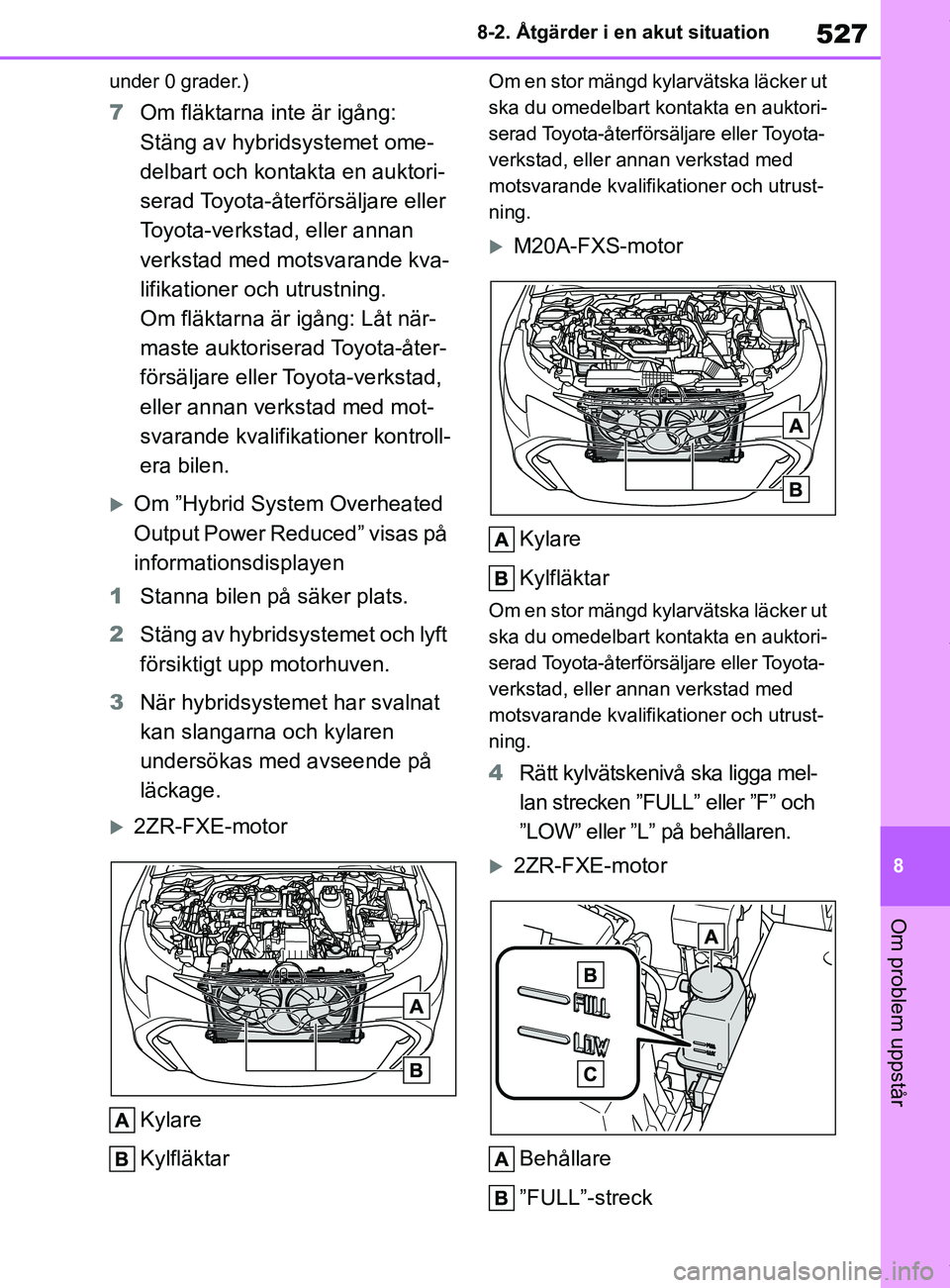 TOYOTA COROLLA HATCHBACK 2021 Bruksanvisningar (in Swedish) 527
8
OM12L35SE 8-2. Åtgärder i en akut situation
Om problem uppstår
under 0 grader.)
7
Om fläktarna inte är igång:
Stäng av hybridsystemet ome-
delbart och kontakta en auktori-
serad Toyota- TOYOTA COROLLA HATCHBACK 2021 Bruksanvisningar (in Swedish) 527
8
OM12L35SE 8-2. Åtgärder i en akut situation
Om problem uppstår
under 0 grader.)
7
Om fläktarna inte är igång:
Stäng av hybridsystemet ome-
delbart och kontakta en auktori-
serad Toyota-