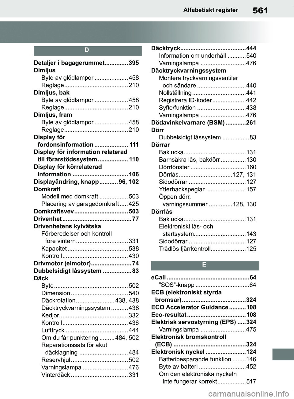 TOYOTA COROLLA HATCHBACK 2020 Bruksanvisningar (in Swedish) 561
OM12L35SEAlfabetiskt register
D
Detaljer i bagagerummet.............. 395
Dimljus
Byte av glödlampor .................... 458
Reglage...................................... 210
Dimljus, bak
Byte a TOYOTA COROLLA HATCHBACK 2020 Bruksanvisningar (in Swedish) 561
OM12L35SEAlfabetiskt register
D
Detaljer i bagagerummet.............. 395
Dimljus
Byte av glödlampor .................... 458
Reglage...................................... 210
Dimljus, bak
Byte a