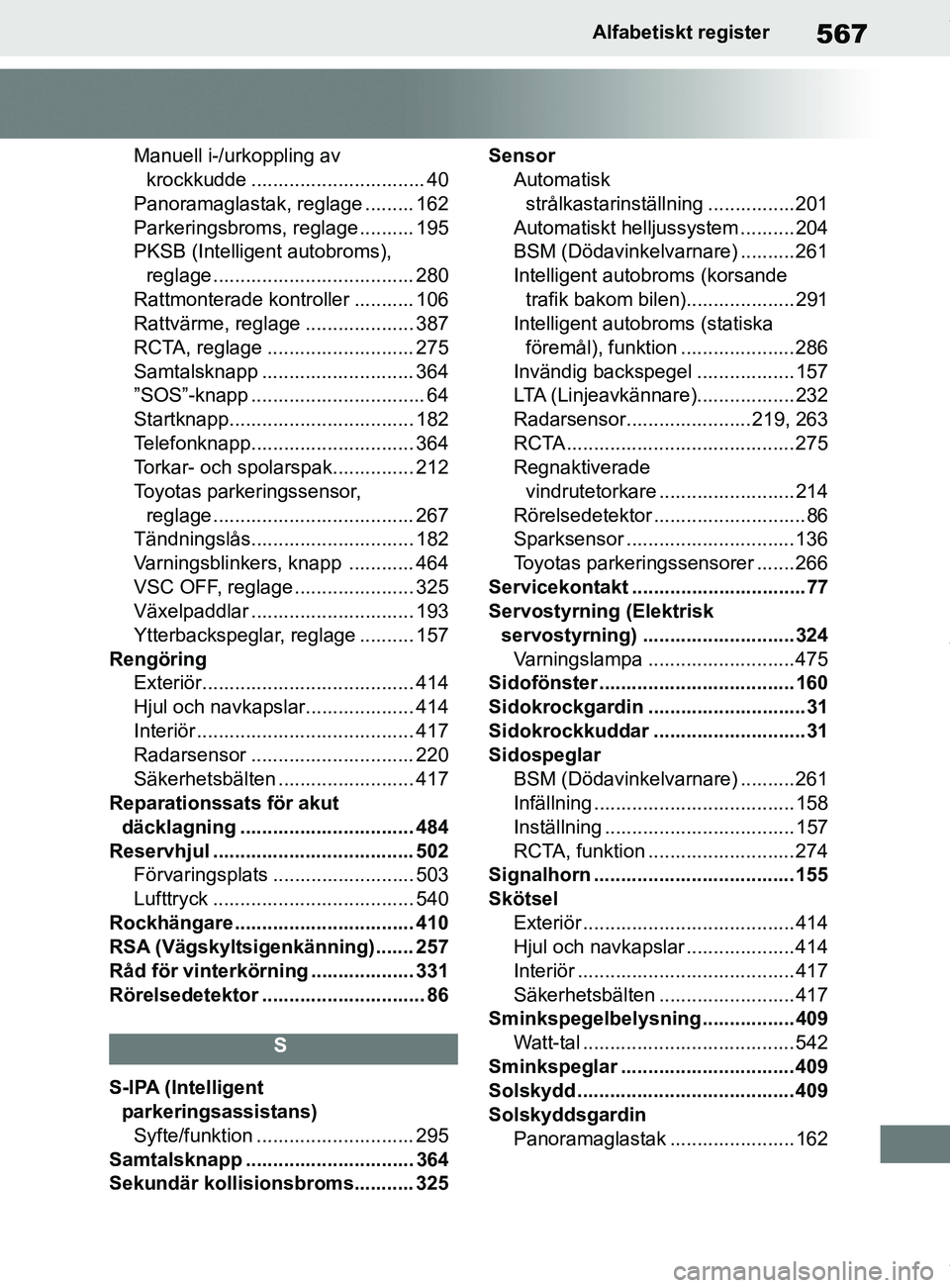 TOYOTA COROLLA HATCHBACK 2020 Bruksanvisningar (in Swedish) 567
OM12L35SEAlfabetiskt register
Manuell i-/urkoppling av
krockkudde ................................ 40
Panoramaglastak, reglage ......... 162
Parkeringsbroms, reglage .......... 195
PKSB (Intellig TOYOTA COROLLA HATCHBACK 2020 Bruksanvisningar (in Swedish) 567
OM12L35SEAlfabetiskt register
Manuell i-/urkoppling av
krockkudde ................................ 40
Panoramaglastak, reglage ......... 162
Parkeringsbroms, reglage .......... 195
PKSB (Intellig