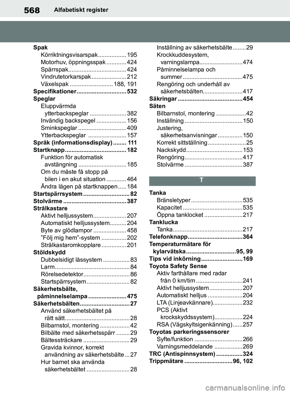 TOYOTA COROLLA HATCHBACK 2020 Bruksanvisningar (in Swedish) 568
OM12L35SEAlfabetisk
t register
Spak Körriktningsvisarspak ................. 195
Motorhuv, öppningsspak ............ 424
Spärrspak................................... 424
Vindrutetorkarspak ..... TOYOTA COROLLA HATCHBACK 2020 Bruksanvisningar (in Swedish) 568
OM12L35SEAlfabetisk
t register
Spak Körriktningsvisarspak ................. 195
Motorhuv, öppningsspak ............ 424
Spärrspak................................... 424
Vindrutetorkarspak .....