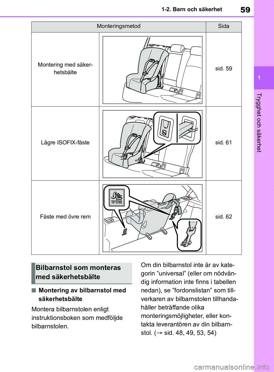 TOYOTA COROLLA HATCHBACK 2021 Bruksanvisningar (in Swedish) 59
1
OM12L35SE 1-2. Barn och säkerhet
Trygghet och säkerhet
nMontering av bilbarnstol med
säkerhetsbälte
Montera bilbarnstolen enligt
instruktionsboken som medföljde
bilbarnstolen. Om din bilb TOYOTA COROLLA HATCHBACK 2021 Bruksanvisningar (in Swedish) 59
1
OM12L35SE 1-2. Barn och säkerhet
Trygghet och säkerhet
nMontering av bilbarnstol med
säkerhetsbälte
Montera bilbarnstolen enligt
instruktionsboken som medföljde
bilbarnstolen. Om din bilb
