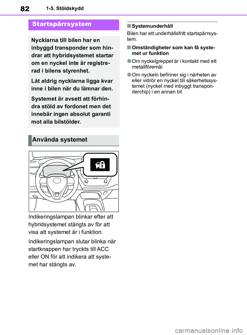 TOYOTA COROLLA HATCHBACK 2021  Bruksanvisningar (in Swedish) 82
OM12L35SE1-5. Stöldskydd
1-5.Stöldskydd
Indikeringslampan blinkar efter att 
hybridsystemet stängts av för att 
visa att systemet är i funktion.
Indikeringslampan slutar blinka när 
startknap