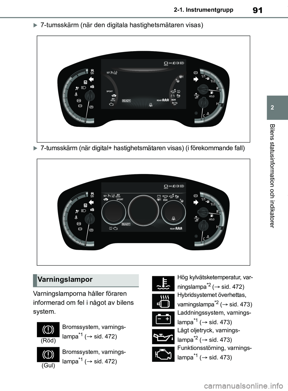 TOYOTA COROLLA HATCHBACK 2021 Bruksanvisningar (in Swedish) 91
2
OM12L35SE 2-1. Instrumentgrupp
Bilens statusinformation och indikatorer
7-tumsskärm (när den digitala hastighetsmätaren visas)
7-tumsskärm (när digital+ hastighetsmätaren visas) (i f TOYOTA COROLLA HATCHBACK 2021 Bruksanvisningar (in Swedish) 91
2
OM12L35SE 2-1. Instrumentgrupp
Bilens statusinformation och indikatorer
7-tumsskärm (när den digitala hastighetsmätaren visas)
7-tumsskärm (när digital+ hastighetsmätaren visas) (i f