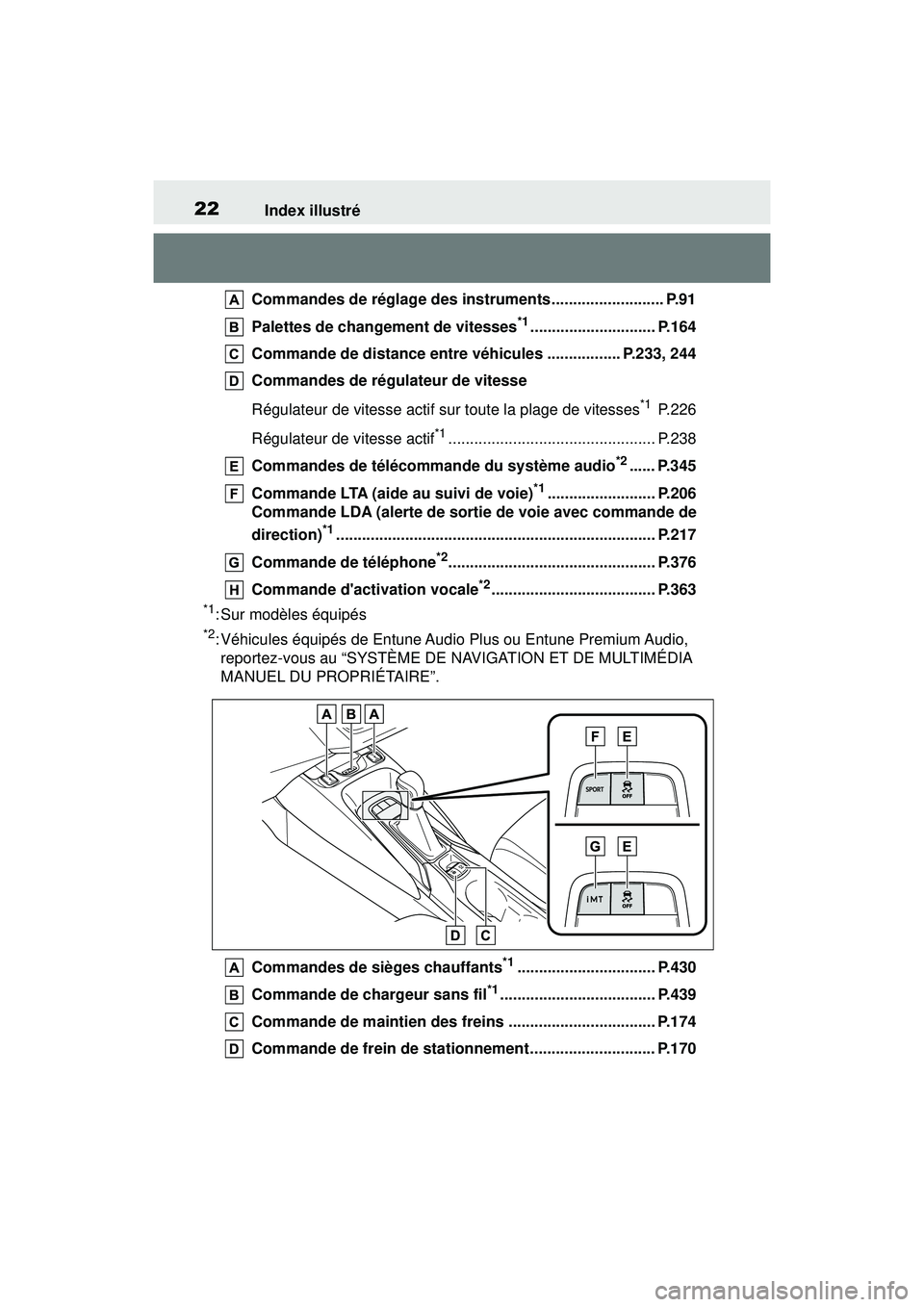 TOYOTA COROLLA HATCHBACK 2019 Manuel du propriétaire (in French) 22Index illustré
COROLLA_HB_OM_(D)
Commandes de réglage des instruments.......................... P.91
Palettes de changement de vitesses
*1............................. P.164
Commande de distance e TOYOTA COROLLA HATCHBACK 2019 Manuel du propriétaire (in French) 22Index illustré
COROLLA_HB_OM_(D)
Commandes de réglage des instruments.......................... P.91
Palettes de changement de vitesses
*1............................. P.164
Commande de distance e