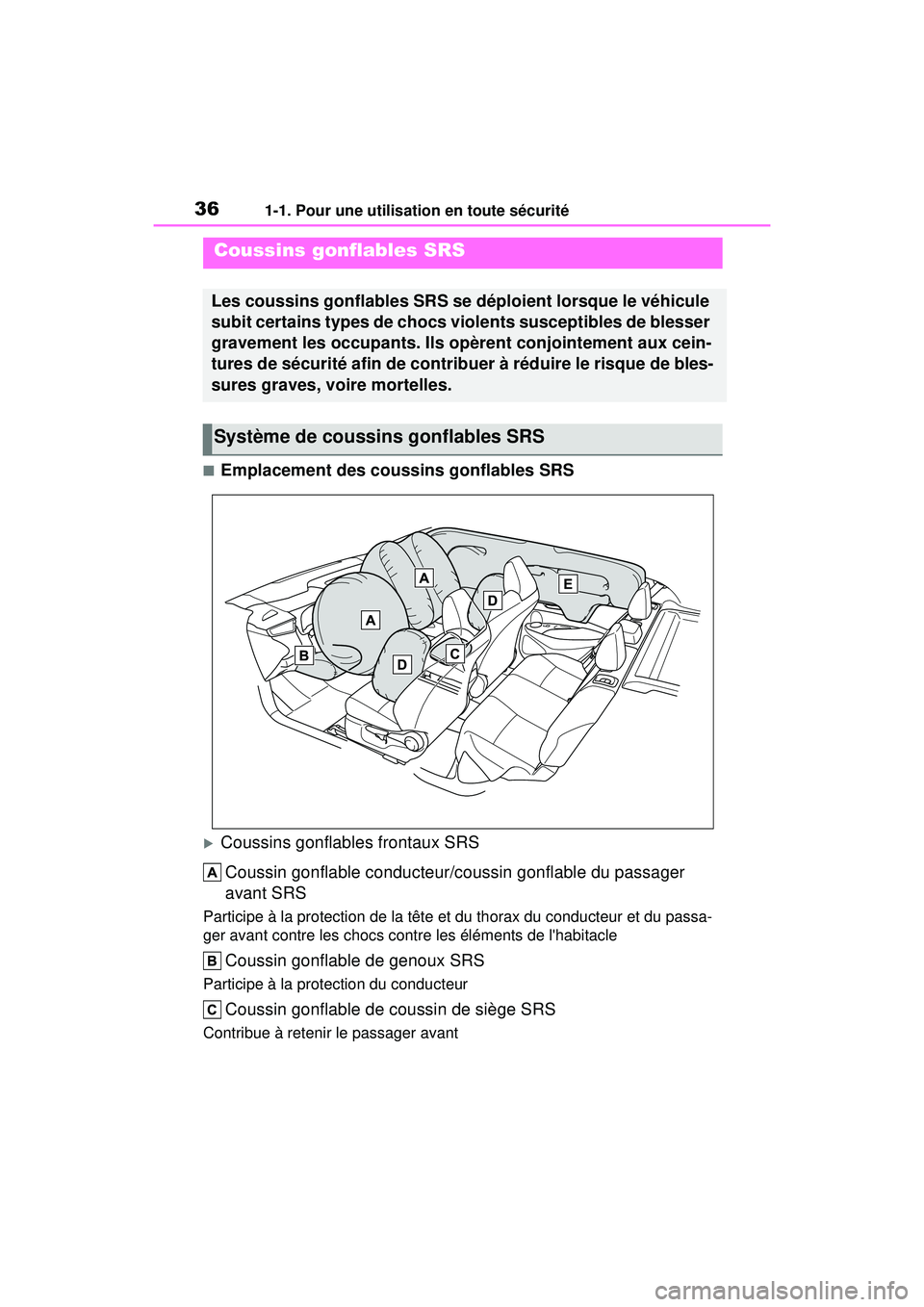 TOYOTA COROLLA HATCHBACK 2019 Manuel du propriétaire (in French) 361-1. Pour une utilisation en toute sécurité
COROLLA_HB_OM_(D)
■Emplacement des coussins gonflables SRS
Coussins gonflables frontaux SRSCoussin gonflable conducteur/coussin gonflable du passag TOYOTA COROLLA HATCHBACK 2019 Manuel du propriétaire (in French) 361-1. Pour une utilisation en toute sécurité
COROLLA_HB_OM_(D)
■Emplacement des coussins gonflables SRS
Coussins gonflables frontaux SRSCoussin gonflable conducteur/coussin gonflable du passag