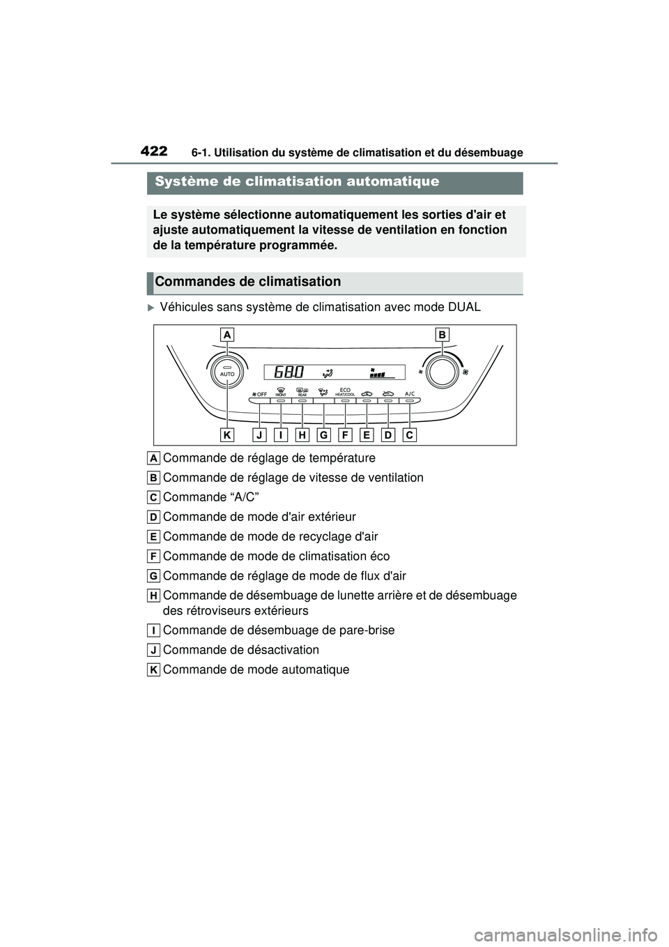 TOYOTA COROLLA HATCHBACK 2019 Manuel du propriétaire (in French) 4226-1. Utilisation du système de climatisation et du désembuage
COROLLA_HB_OM_(D)
6-1 .Utilisatio n d u s ystème de climatisation e t du dése mb uage
Véhicules sans système de climatisation TOYOTA COROLLA HATCHBACK 2019 Manuel du propriétaire (in French) 4226-1. Utilisation du système de climatisation et du désembuage
COROLLA_HB_OM_(D)
6-1 .Utilisatio n d u s ystème de climatisation e t du dése mb uage
Véhicules sans système de climatisation