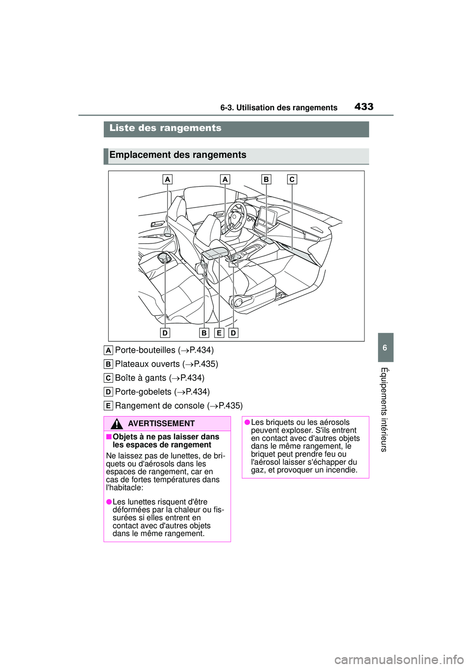 TOYOTA COROLLA HATCHBACK 2019  Manuel du propriétaire (in French) 4336-3. Utilisation des rangements
COROLLA_HB_OM_(D)
6
Équipements intérieurs
6-3 .Utilisatio n d es  ra ngements
Porte-bouteilles ( P.434)
Plateaux ouverts ( P. 4 3 5 )
Boîte à gants ( P