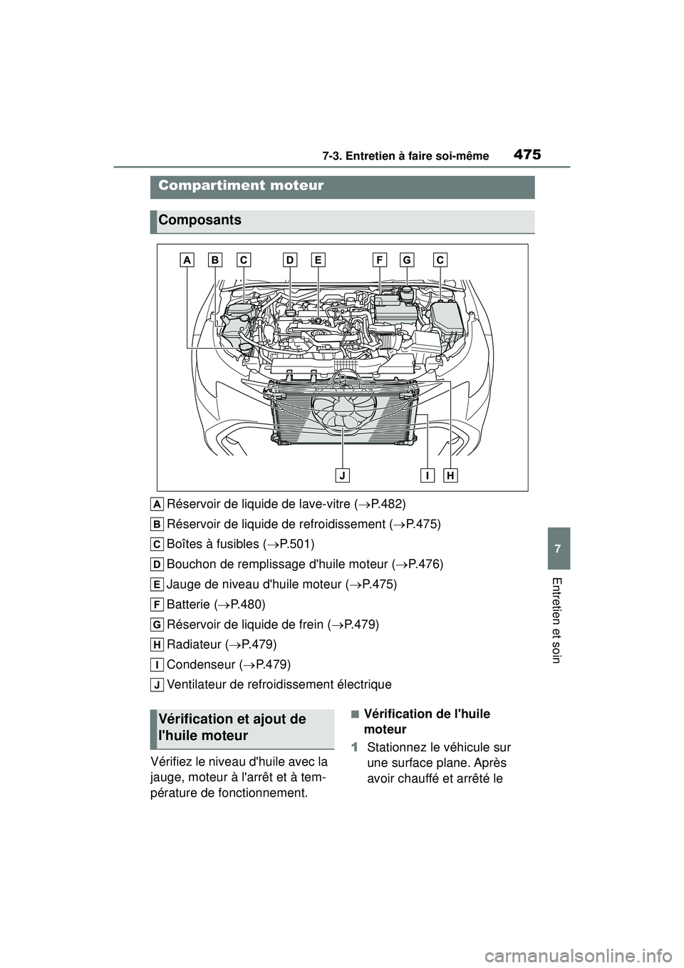 TOYOTA COROLLA HATCHBACK 2019 Manuel du propriétaire (in French) 4757-3. Entretien à faire soi-même
COROLLA_HB_OM_(D)
7
Entretien et soin
Réservoir de liquide de lave-vitre ( P.482)
Réservoir de liquide de refroidissement ( P.475)
Boîtes à fusibles ( TOYOTA COROLLA HATCHBACK 2019 Manuel du propriétaire (in French) 4757-3. Entretien à faire soi-même
COROLLA_HB_OM_(D)
7
Entretien et soin
Réservoir de liquide de lave-vitre ( P.482)
Réservoir de liquide de refroidissement ( P.475)
Boîtes à fusibles (