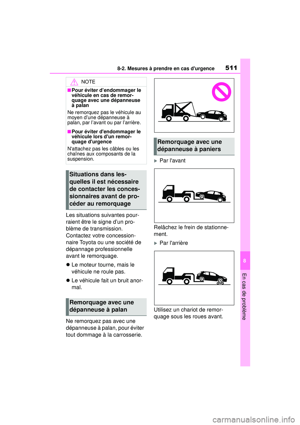 TOYOTA COROLLA HATCHBACK 2019 Manuel du propriétaire (in French) 5118-2. Mesures à prendre en cas durgence
COROLLA_HB_OM_(D)
8
En cas de problème
Les situations suivantes pour-
raient être le signe d’un pro-
blème de transmission.
Contactez votre concession TOYOTA COROLLA HATCHBACK 2019 Manuel du propriétaire (in French) 5118-2. Mesures à prendre en cas durgence
COROLLA_HB_OM_(D)
8
En cas de problème
Les situations suivantes pour-
raient être le signe d’un pro-
blème de transmission.
Contactez votre concession